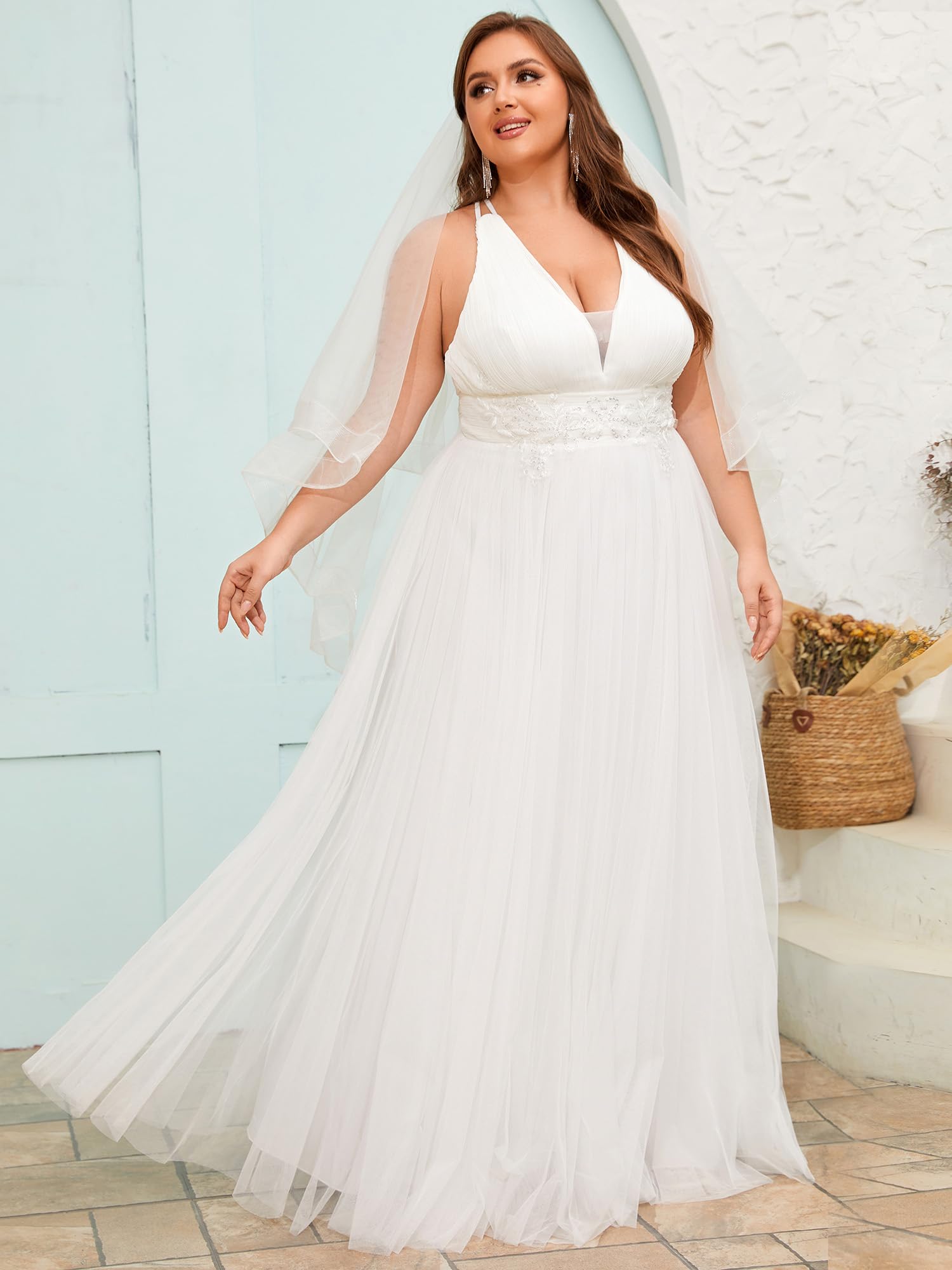 Ever-Pretty Plus Size Women's Summer V-Neck Sleeveless Applique Pleated A-Line Maxi Dress for Formal Evening & Special Occasions - Style 01946-DA | Perfect for Weddings, Parties & Prom
