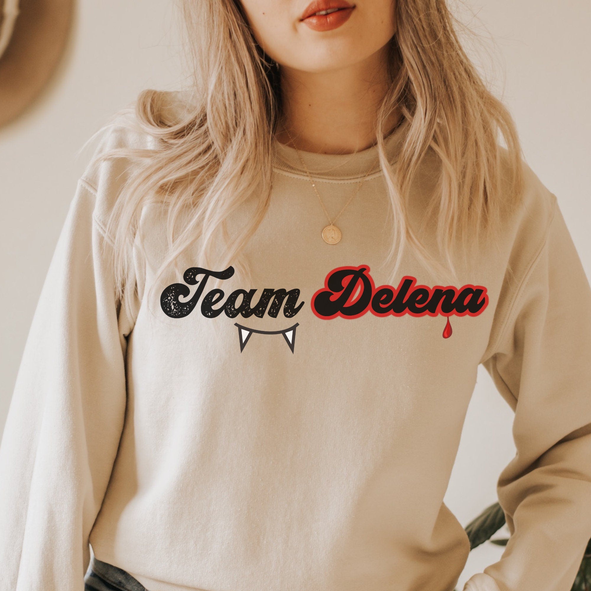 Team Delena TVD Crewneck Sweatshirt - Damon & Elena Salvatore The Vampire Diaries Merch - Perfect for Fan Gifts, Cosplay & TV Show Themed Parties
