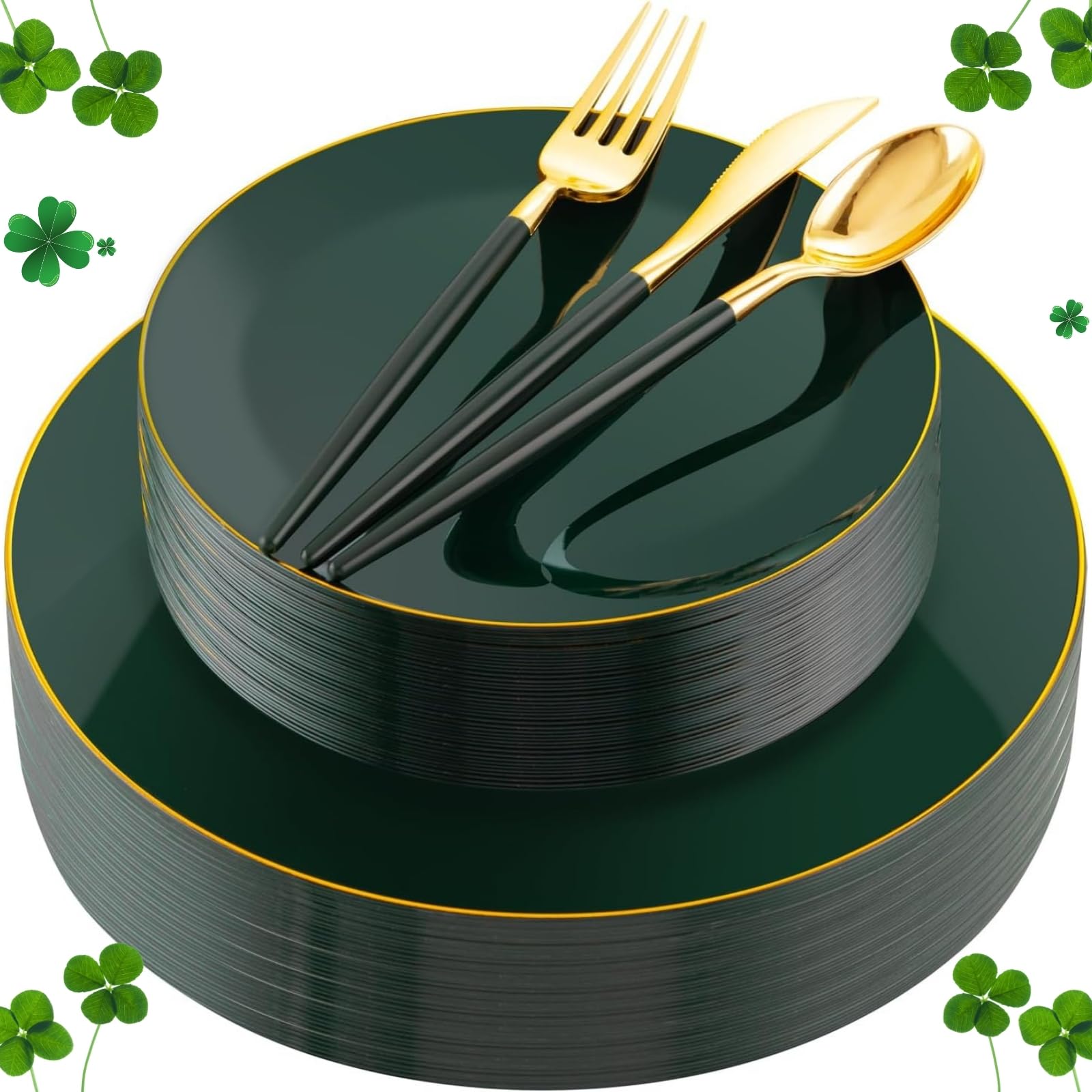 Liacere 150-Piece Green Plastic Plates Set with Gold Plastic Silverware - Eco-Friendly Disposable Dinnerware for 30 Guests - Perfect for St. Patrick's Day Parties, Picnics, BBQs & Outdoor Events