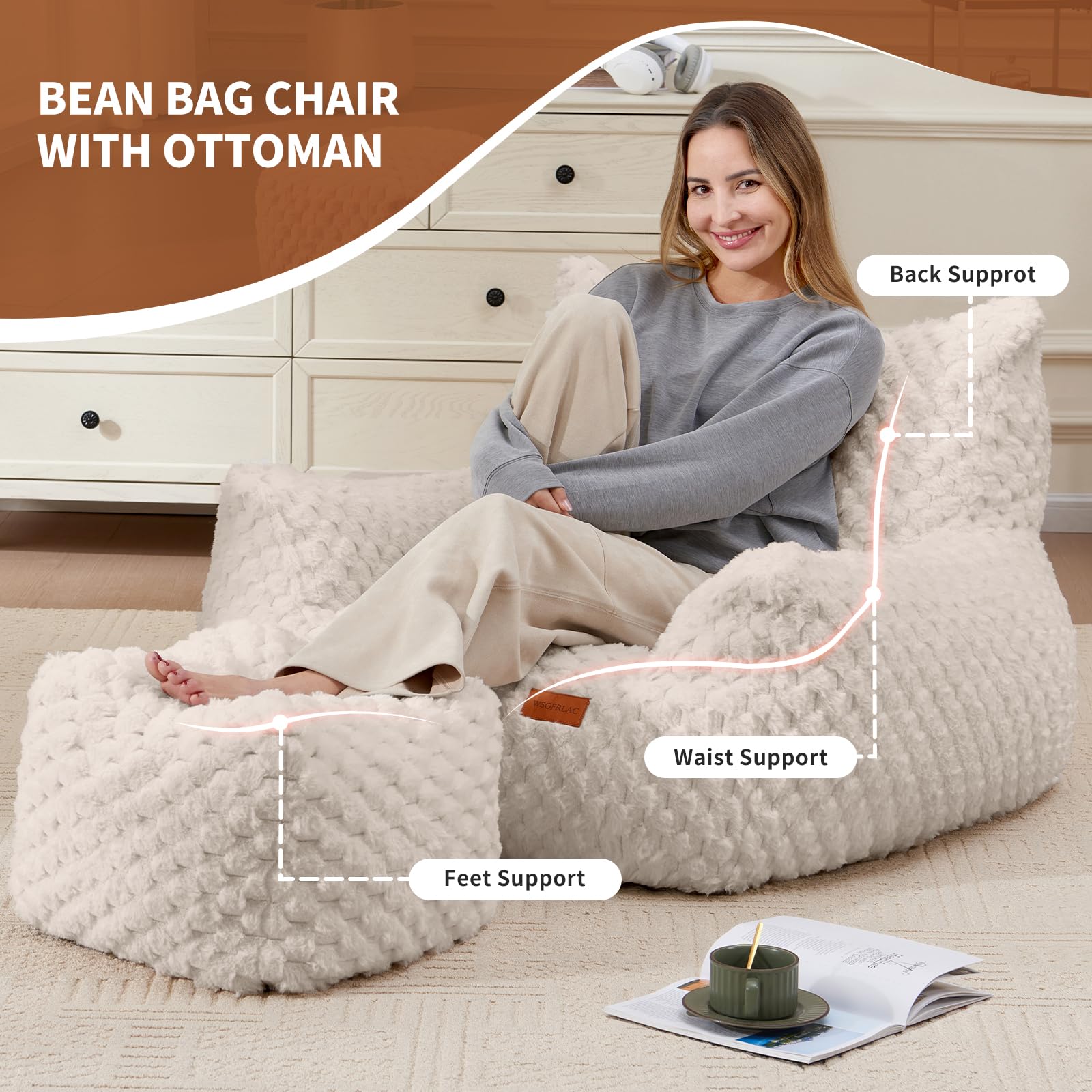 Premium Giant Bean Bag Chair with Ottoman - Ultra Soft Faux Fur Lounge Chair for Adults & Teens, Large Comfy Reading Sofa for Bedroom, Living Room, Dorm - Perfect for Relaxing, Gaming & Movie Nights
