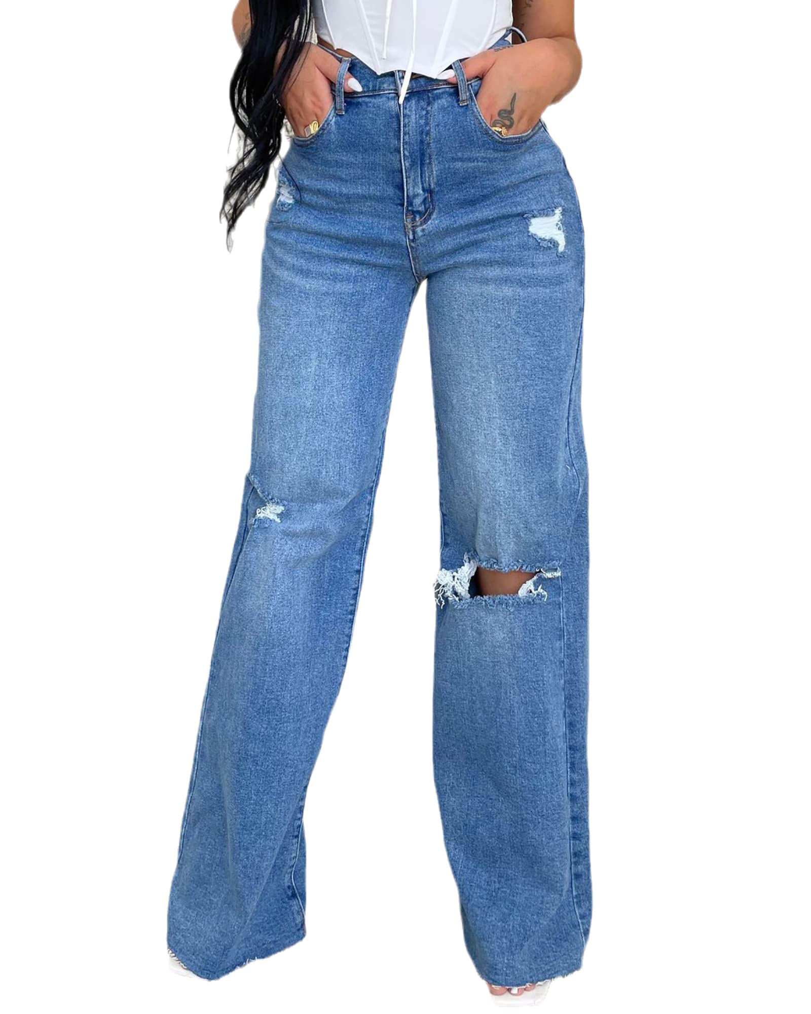Women's Ripped High Waisted Baggy Jeans - Distressed Straight Leg Denim Pants for Casual Outfits & Streetwear Fashion | Perfect for Everyday Wear, Parties and Trendy Looks