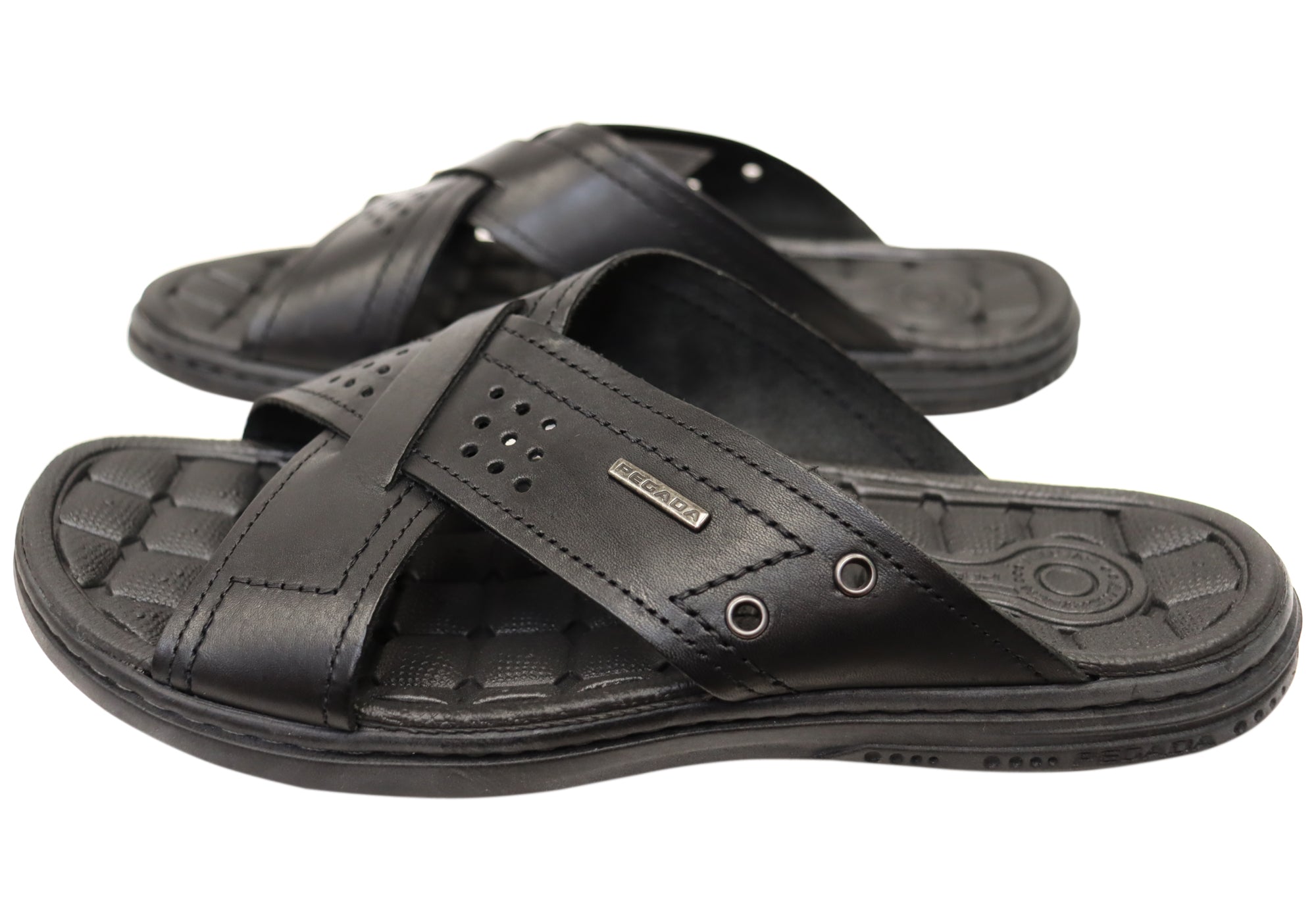 **Perry Men's Comfortable Leather Slides Sandals - Handmade in Brazil - Perfect for Casual Wear, Beach & Poolside**