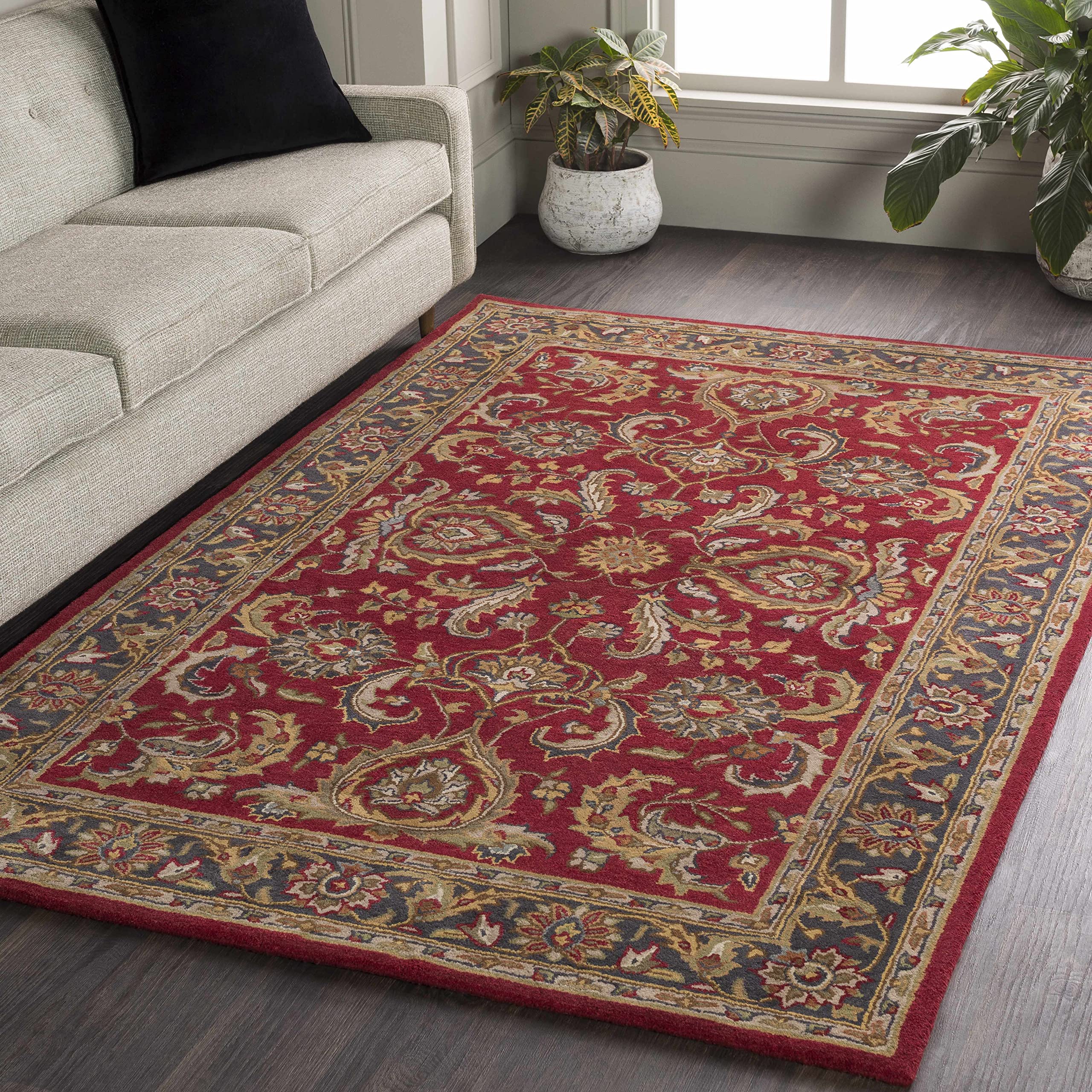 Hauteloom Hankamer Wool Area Rug for Living Room & Bedroom - Traditional Design in Red, Navy, Mustard - 9' x 13' - Soft & Durable Floor Covering for Home Decor, Cozy Comfort