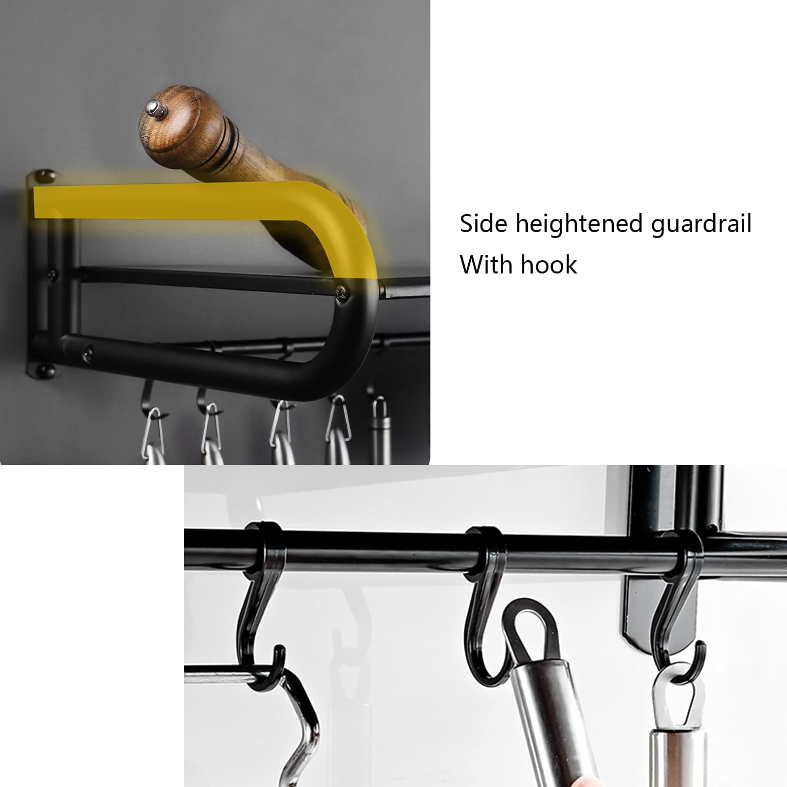 Sturdy Black Wall-Mounted Microwave Oven Rack with 6 Hooks - 58cm x 38cm x 18cm Iron Shelf for Kitchen Storage | Perfect for Organizing Spices, Utensils & Cookware in Small Spaces
