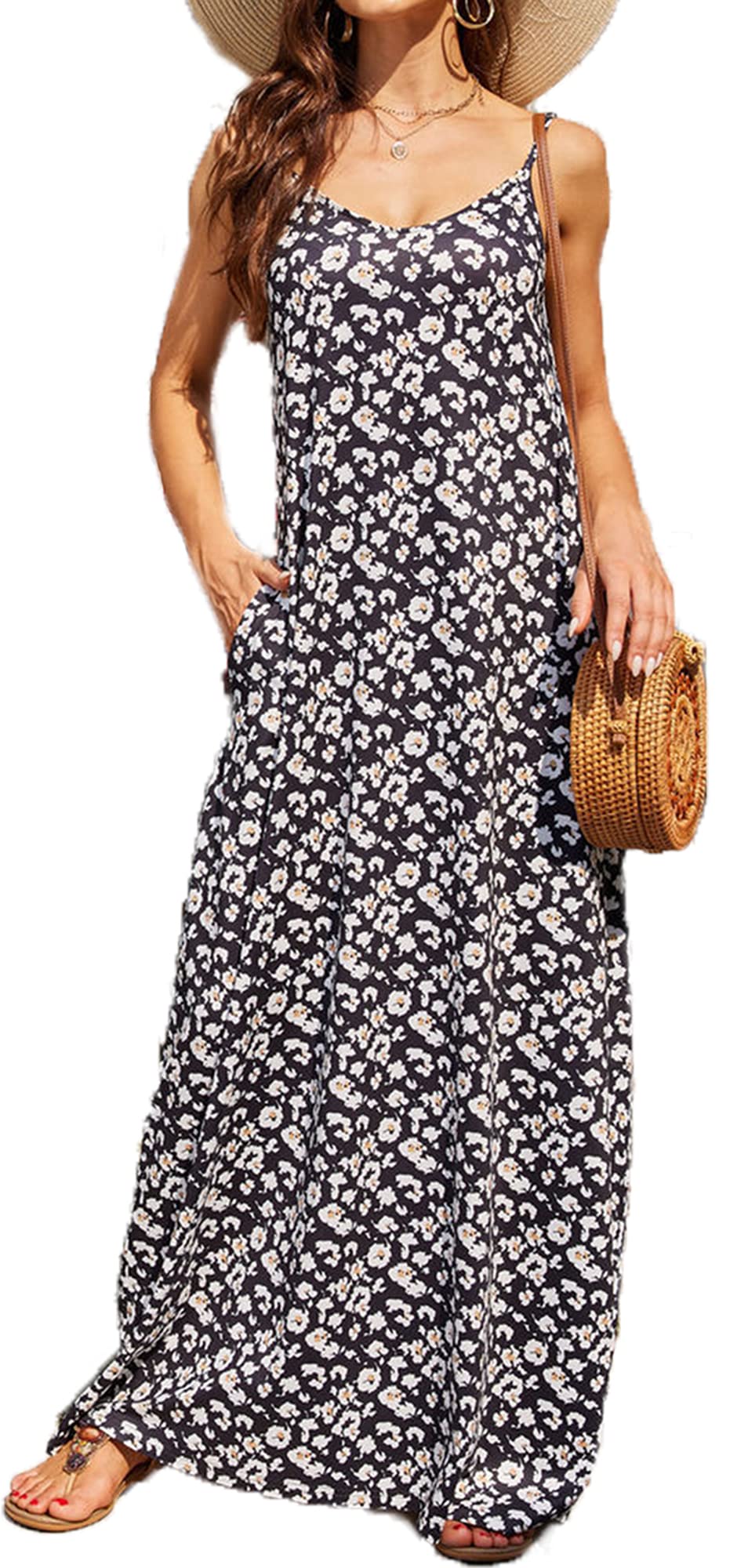 Bohemian Floral Print Women's Summer Maxi Dress with Spaghetti Straps & Pockets | Casual Beach Dress for Vacation, Date Night, and Outdoor Parties