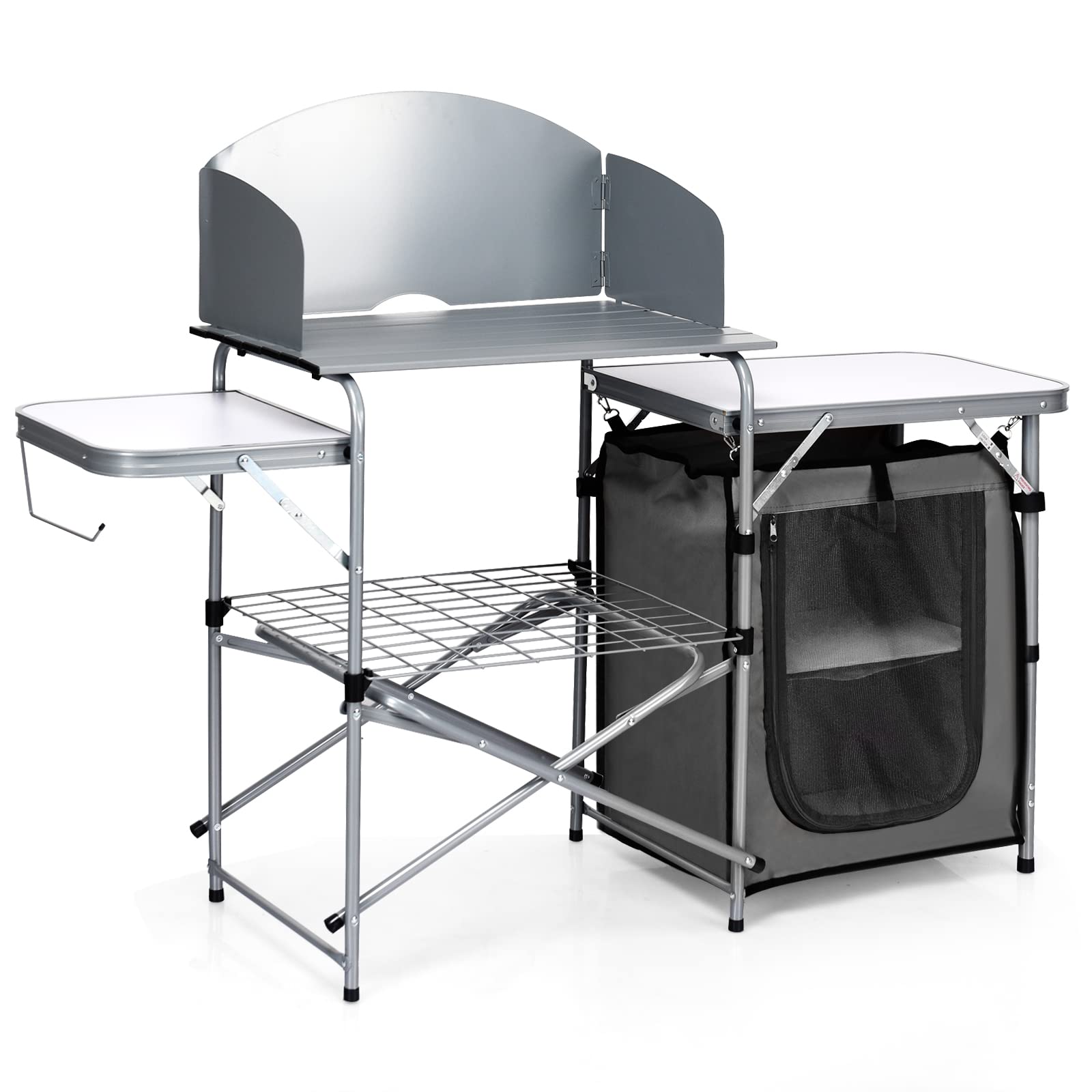 **Tangkula Folding Camping Kitchen Table - Aluminum Portable Grill Table with Windscreen & Storage Shelves | Outdoor Cook Station for Picnics, BBQ & Camping | Quick Setup & Carry Bag Included**