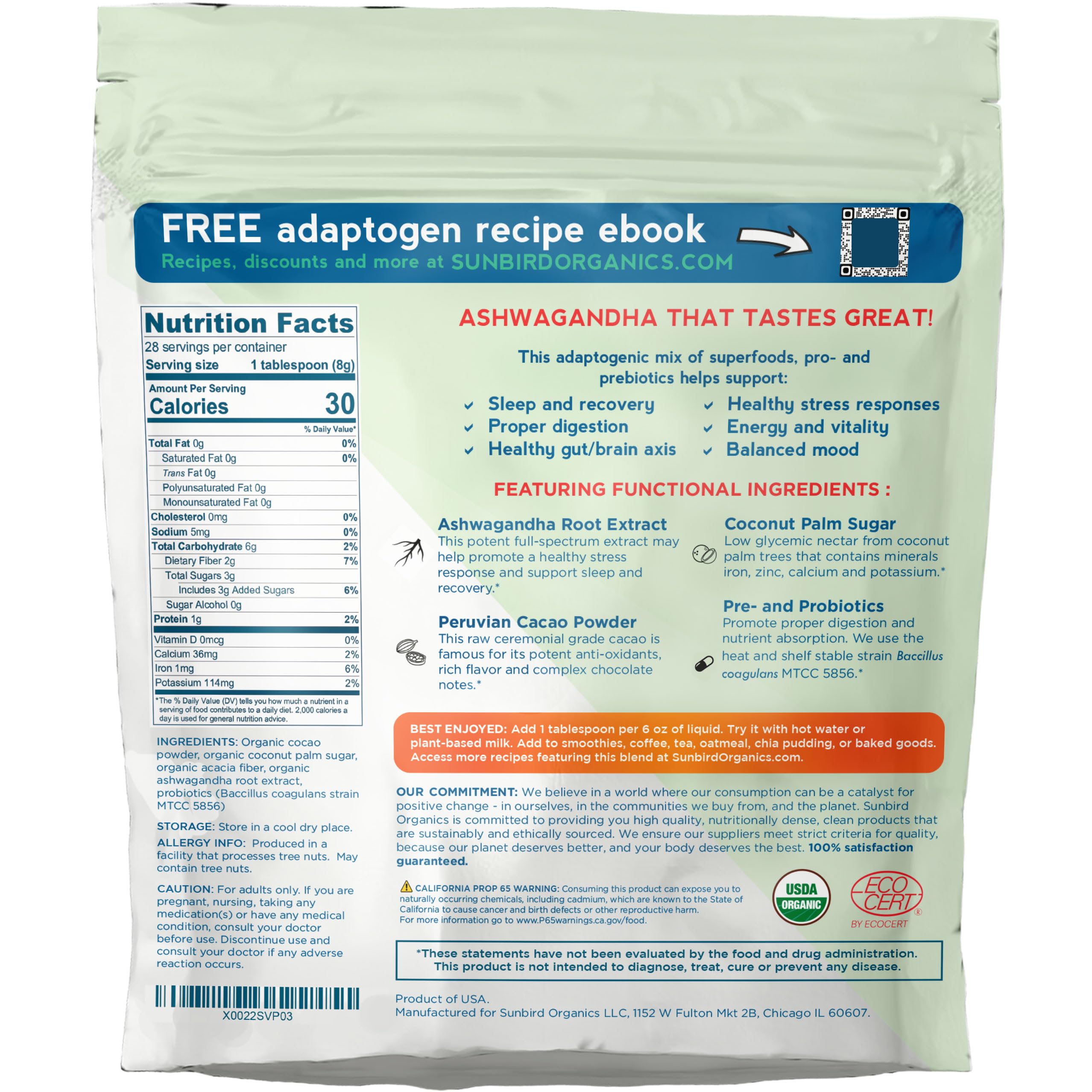 Organic Ashwagandha Chocolate Powder with Probiotics - Healthy Hot Cocoa & Smoothie Mix - Stress Relief & Focus Support - USA Made - 3 Pack - Perfect for Relaxation, Morning Energy & Post-Workout Recovery