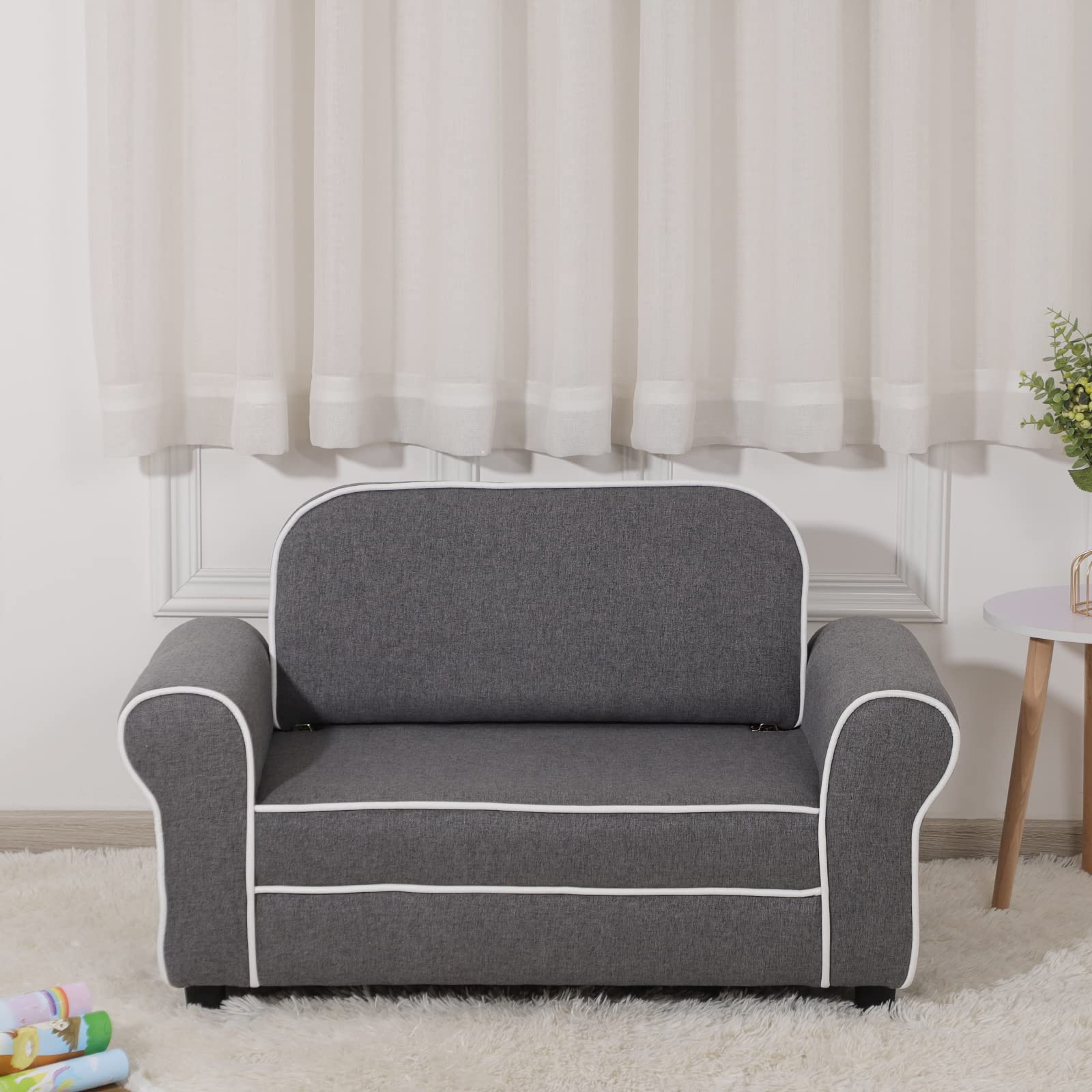 Kids Sofa Chair for Toddlers & Big Children - 2-Seater Linen Fabric Upholstered Couch, Double Child Sofa with Sturdy Frame - Perfect for Playroom, Nursery or as Birthday Gift (Grey)
