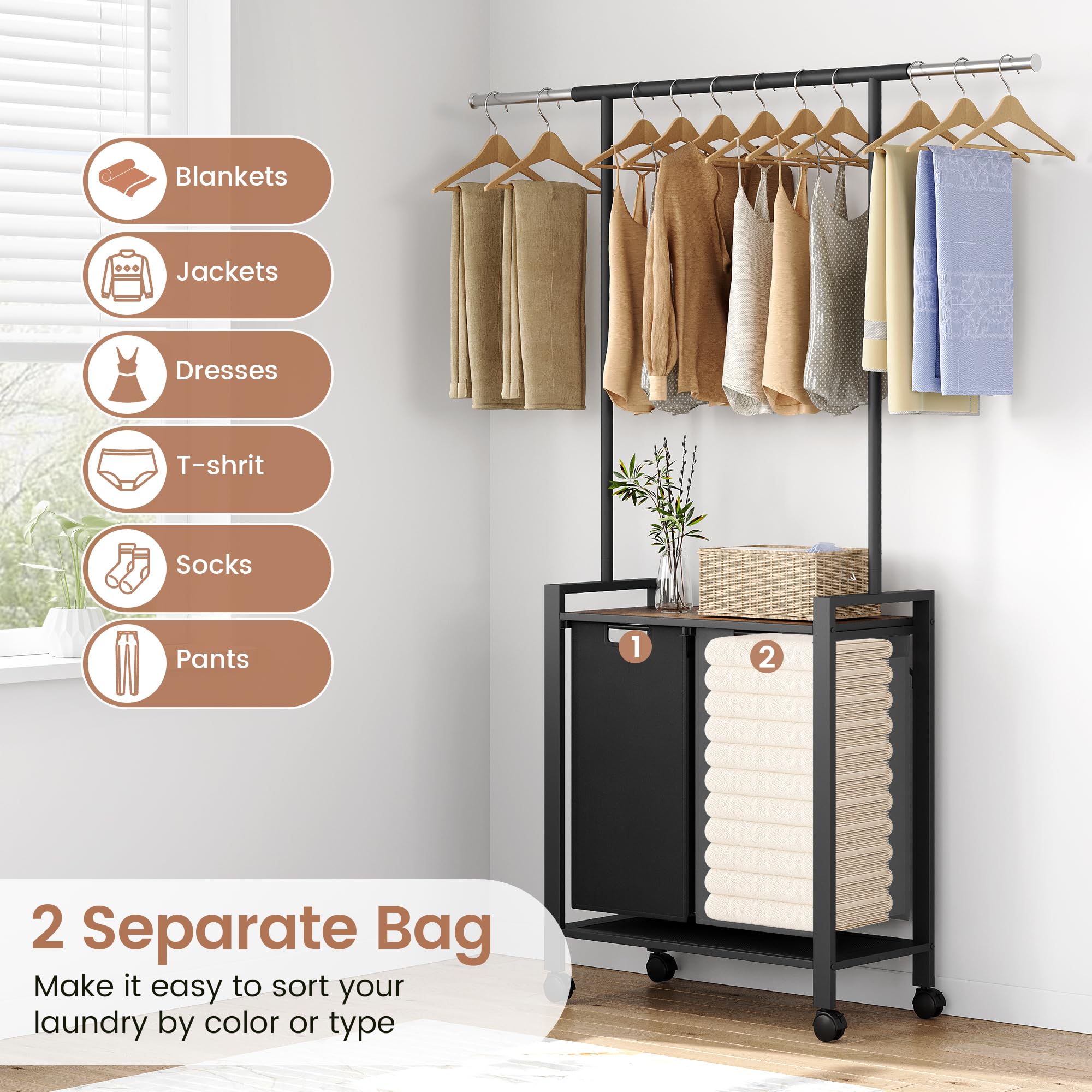 2-Section Rolling Laundry Hamper with Hanging Bar & Wheels - Heavy Duty Clothes Organizer for Bedroom, Bathroom, Dorm - Perfect for Sorting Dirty Clothes & Hanging Garments