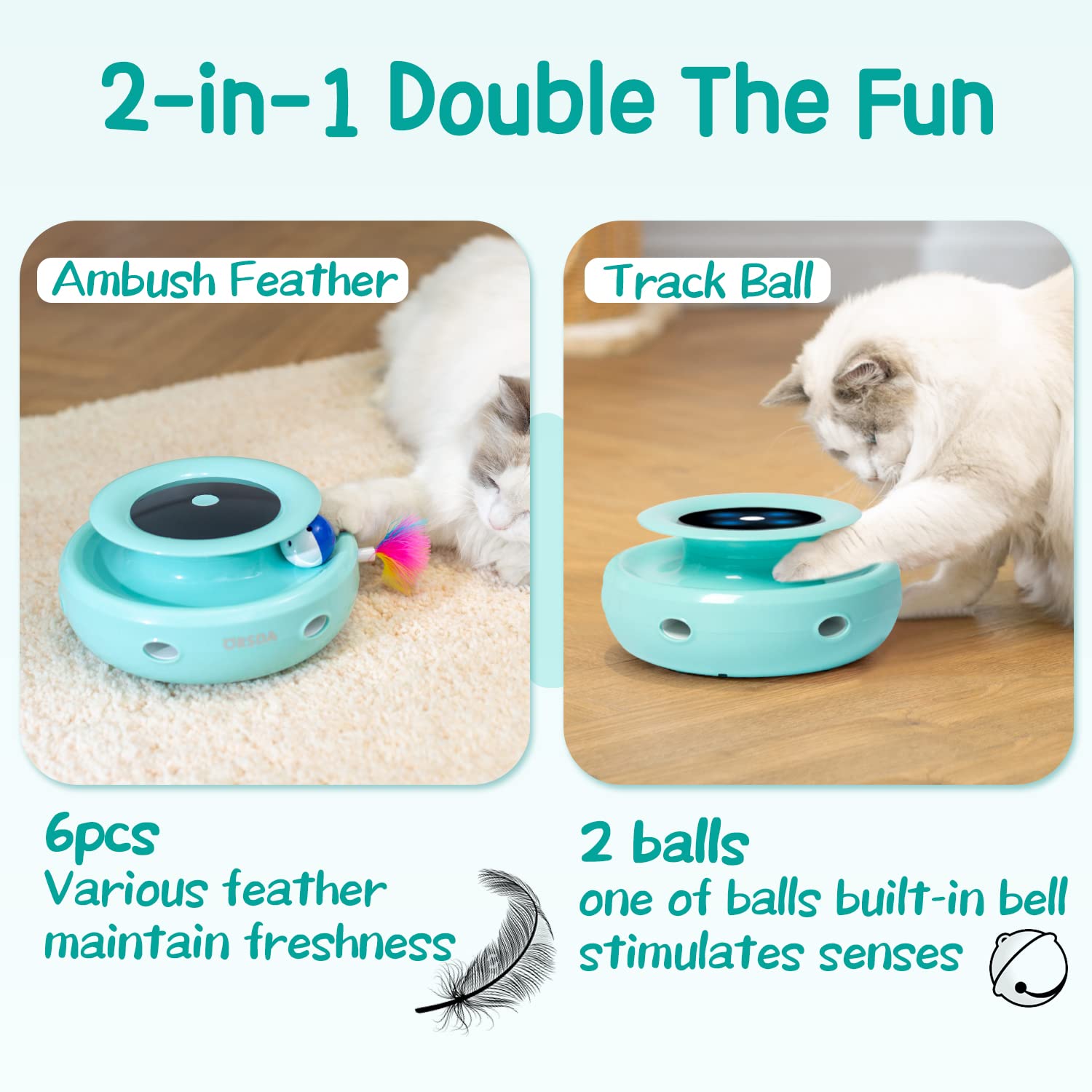ORSDA 2-in-1 Interactive Cat Toys with 7 Attachments - Automatic Cat Toy Balls & Mice Ambush Feather Toys for Indoor Cats - Dual Power, Adjustable Speed, Auto On/Off - Perfect for Playtime & Exercise