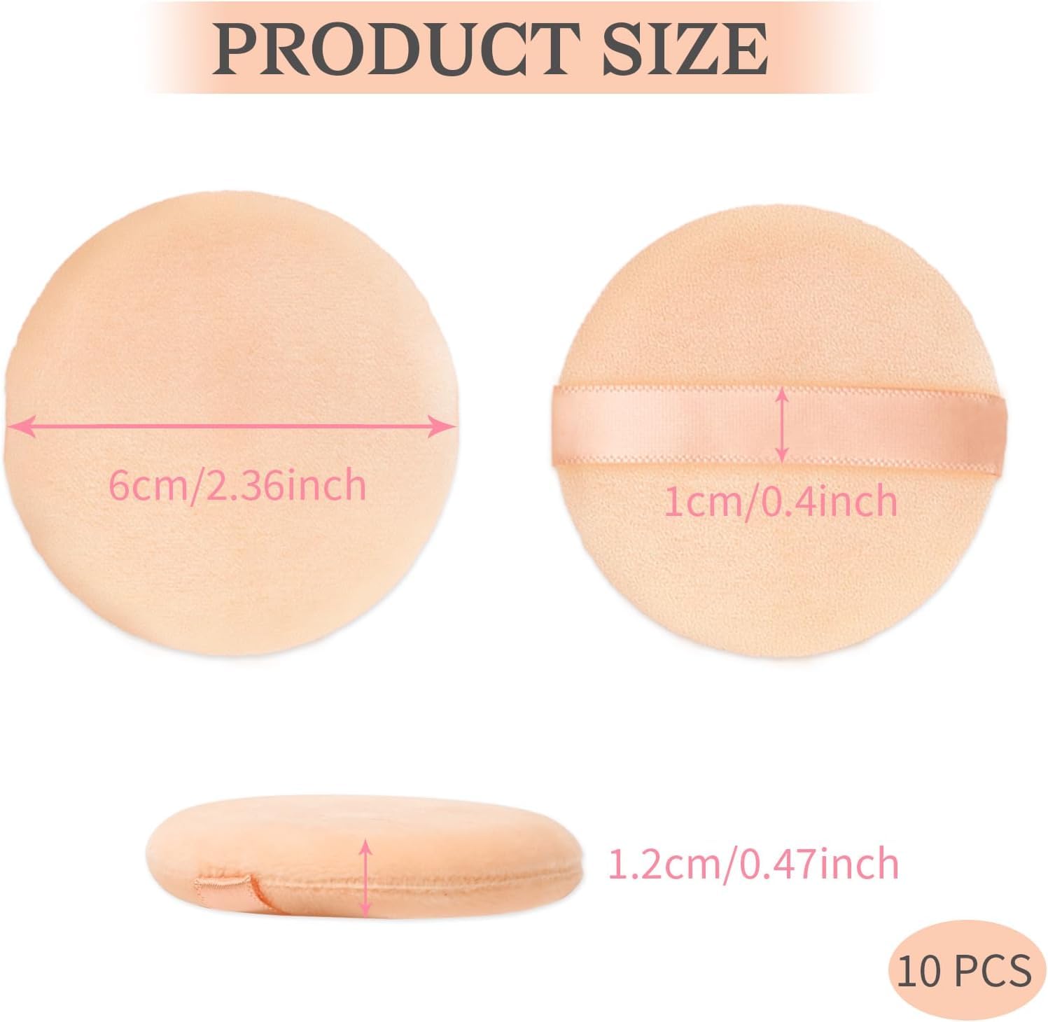 Velour Powder Puffs for Face Makeup - 10 Pack Soft Pure Cotton Cosmetic Puff Applicators with Ribbon for Powder Foundation & Setting Powder - Perfect for Travel, Touch-ups & Professional Makeup Kits