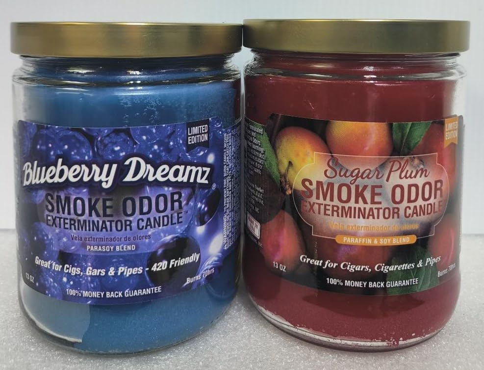 Smoke Odor Eliminator Candle - 13oz Blueberry Dreamz & Sugar Plum Scented Jar Candles Set | Home Air Freshener for Kitchen, Living Room, Bathroom | Natural Odor Neutralizer for Smoke, Pets, Cooking