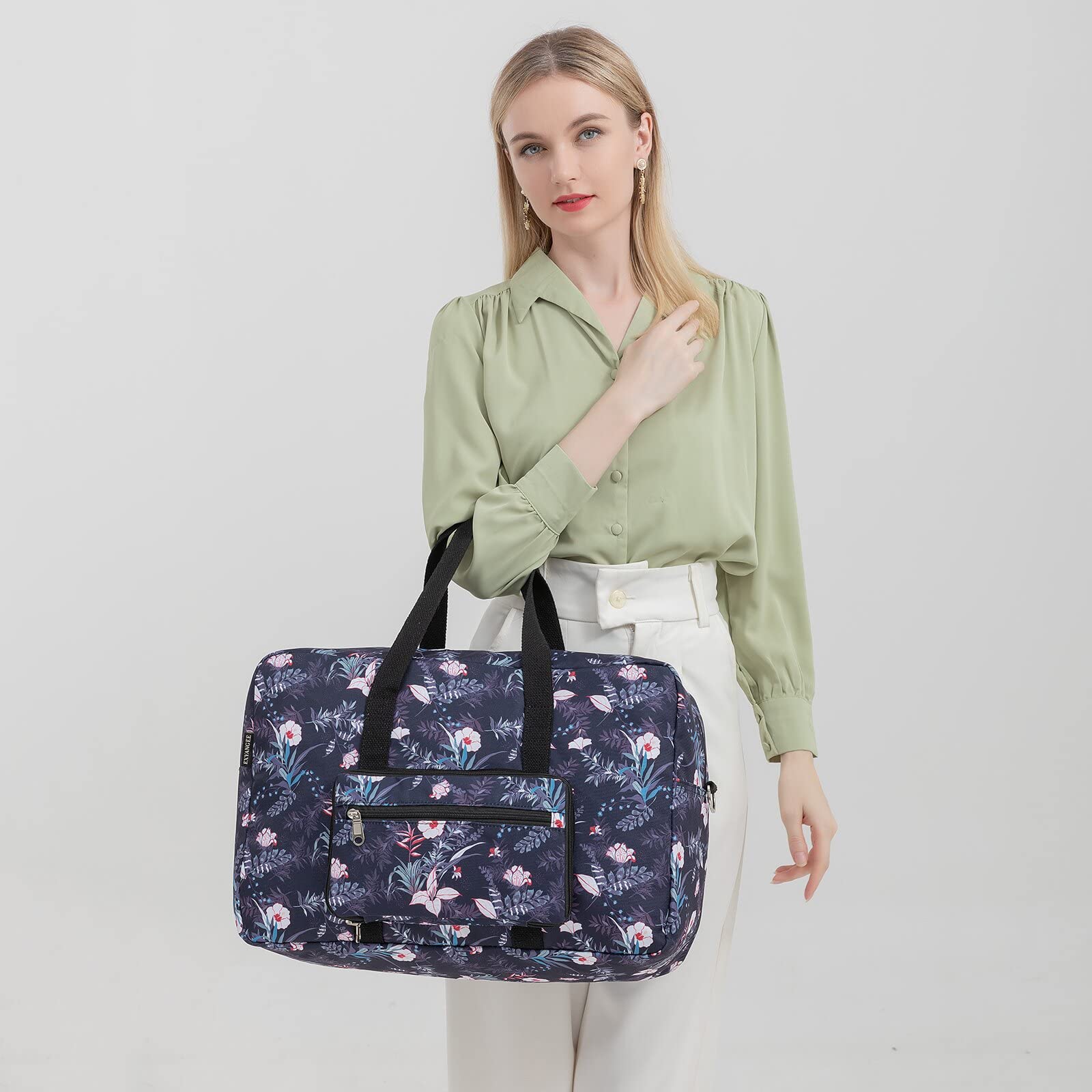 Foldable Travel Duffel Bag for Women - Medium Weekender Overnight Carry On Luggage with Black Floral Pattern | Perfect for Gym, Beach Trips & Weekend Getaways