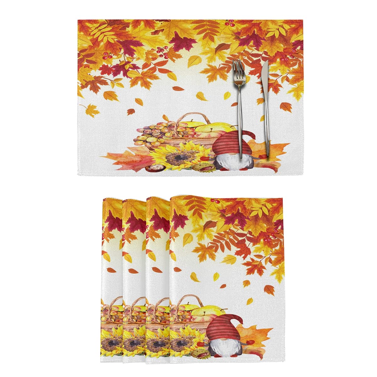 Thanksgiving Gnomes Placemats Set of 4 - Fall Maple Leaf & Pumpkin Washable Table Mats for Dining Decor (12x18 Inches) - Perfect for Thanksgiving Dinner, Autumn Home Decor & Holiday Table Setting