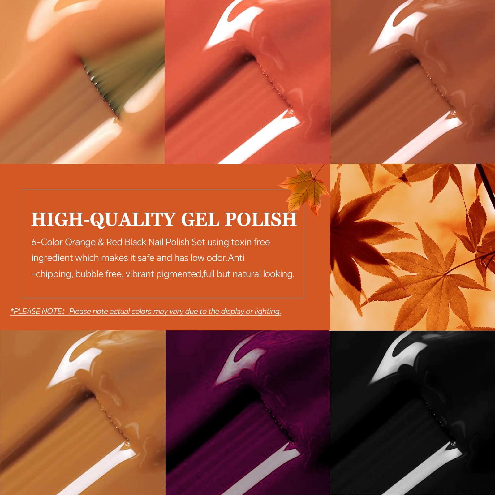 6 Colors Fall Gel Nail Polish Kit with UV Light - Orange, Brown, Red, Black Soak Off Gel Polish Set & Nail Lamp for DIY Manicure | Perfect for Autumn Winter Nail Art, Home Use & Gift for Women Girls