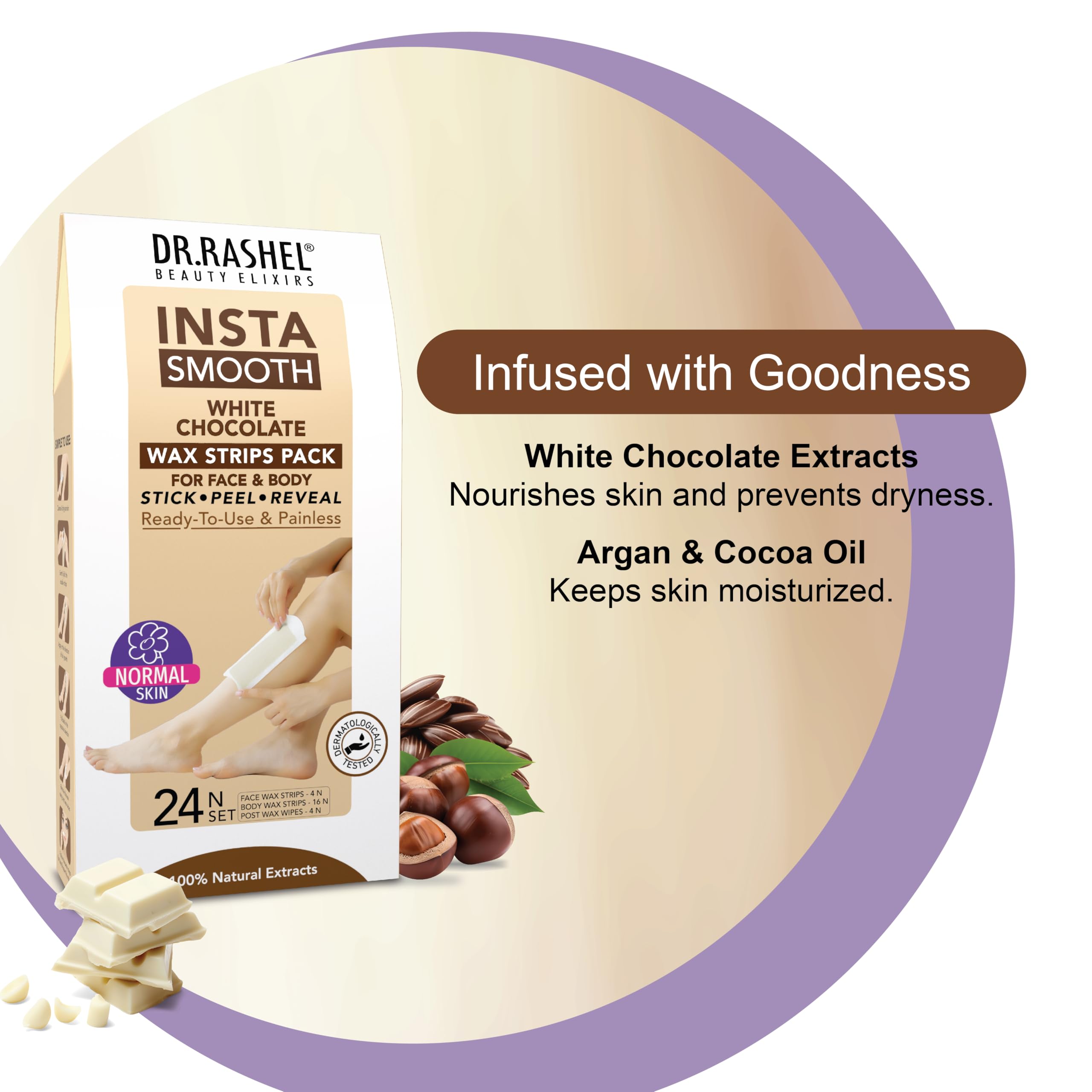 DR.Rashel Insta Smooth White Chocolate Wax Strips - 24 Count for Face & Body Hair Removal | Painless & Gentle Waxing Kit for Smooth Skin | Perfect for Home Use, Travel & DIY Beauty Care
