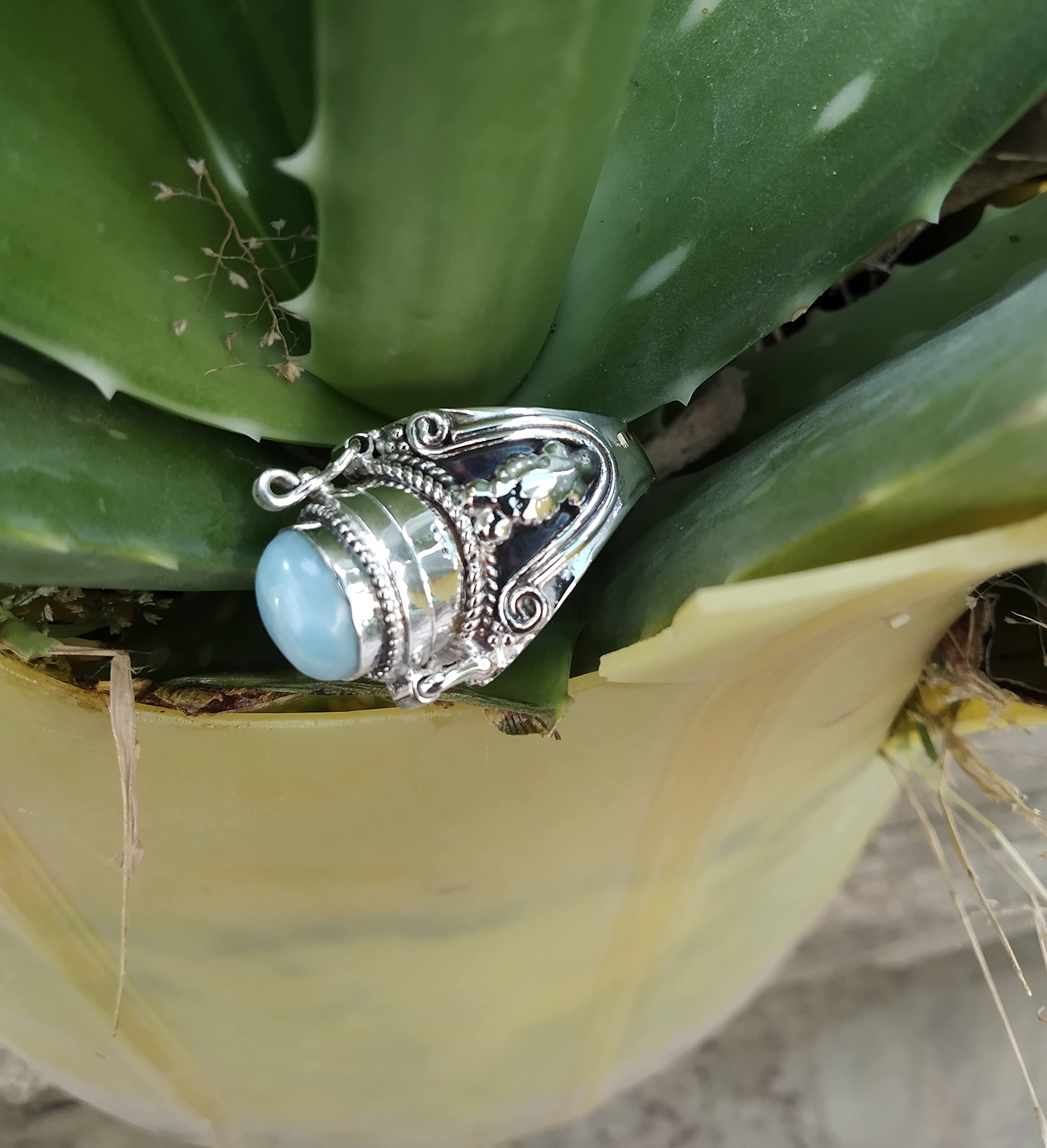 Boho Poison Ring - 925 Sterling Silver Handmade Statement Ring with Dominican Republic Larimar | Vintage Style Locket Pillbox Ring for Women | Perfect for Boho Fashion, Gift Giving & Special Occasions