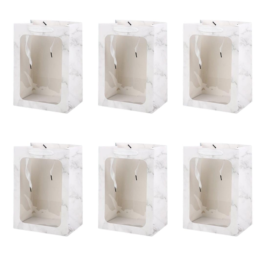 6-Piece Marble Print Transparent Gift Bags with Handles - Elegant Goodie Bags for Shopping, Weddings, Birthdays & Special Events | Perfect for Valentine's Gifts, Engagement Presents & Party Favors (White, Small)