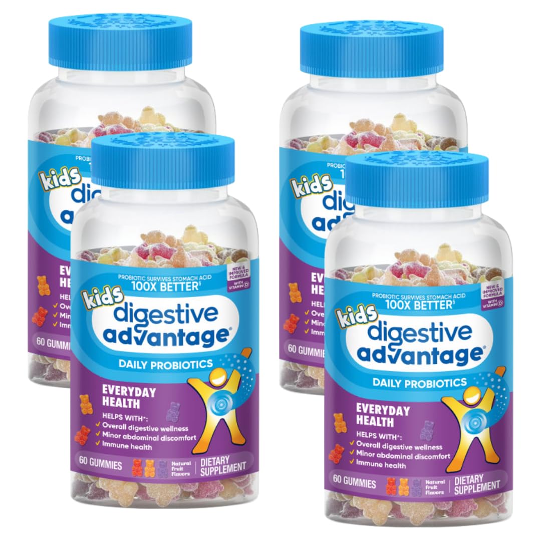 Digestive Advantage Kids Probiotic Gummies - Natural Fruit Flavors for Occasional Bloating, Abdominal Discomfort & Gut Health - 60 Count (4 Pack) - Supports Digestion & Immune System for Active Children