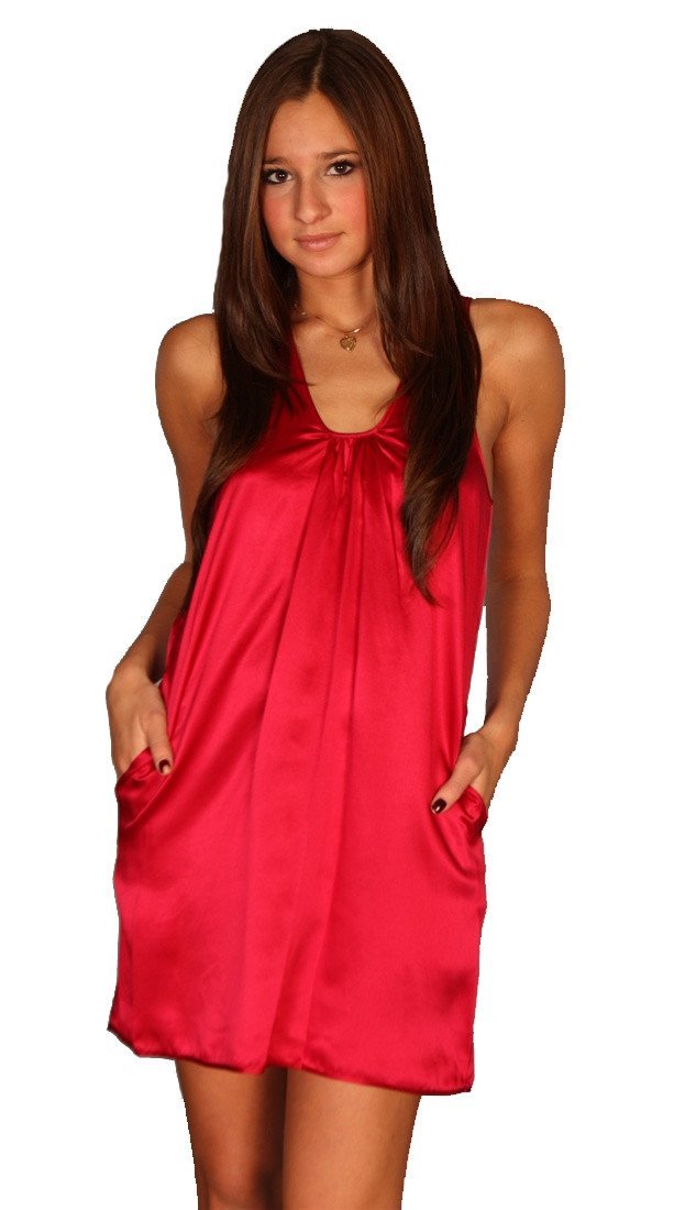 Janet Silk Racerback Pocket Sleeveless Tunic Dress for Women - Red & Pink with Leather Accent - Perfect for Summer Outfits, Beach Cover Ups and Casual Wear