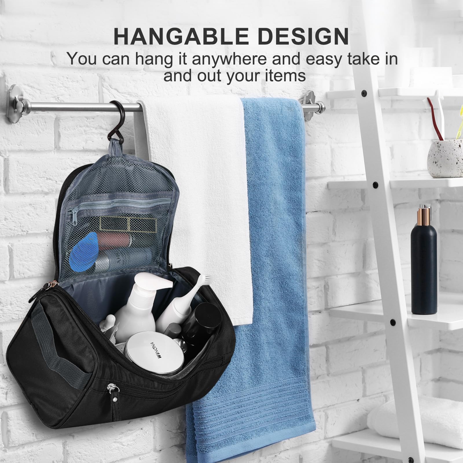 Large Hanging Toiletry Bag for Women & Men - Travel Makeup Organizer with Hook, Waterproof Cosmetic Storage for Brushes, Shaving Kit - Perfect for Camping, Gym, Business Trips & Vacation (Black)
