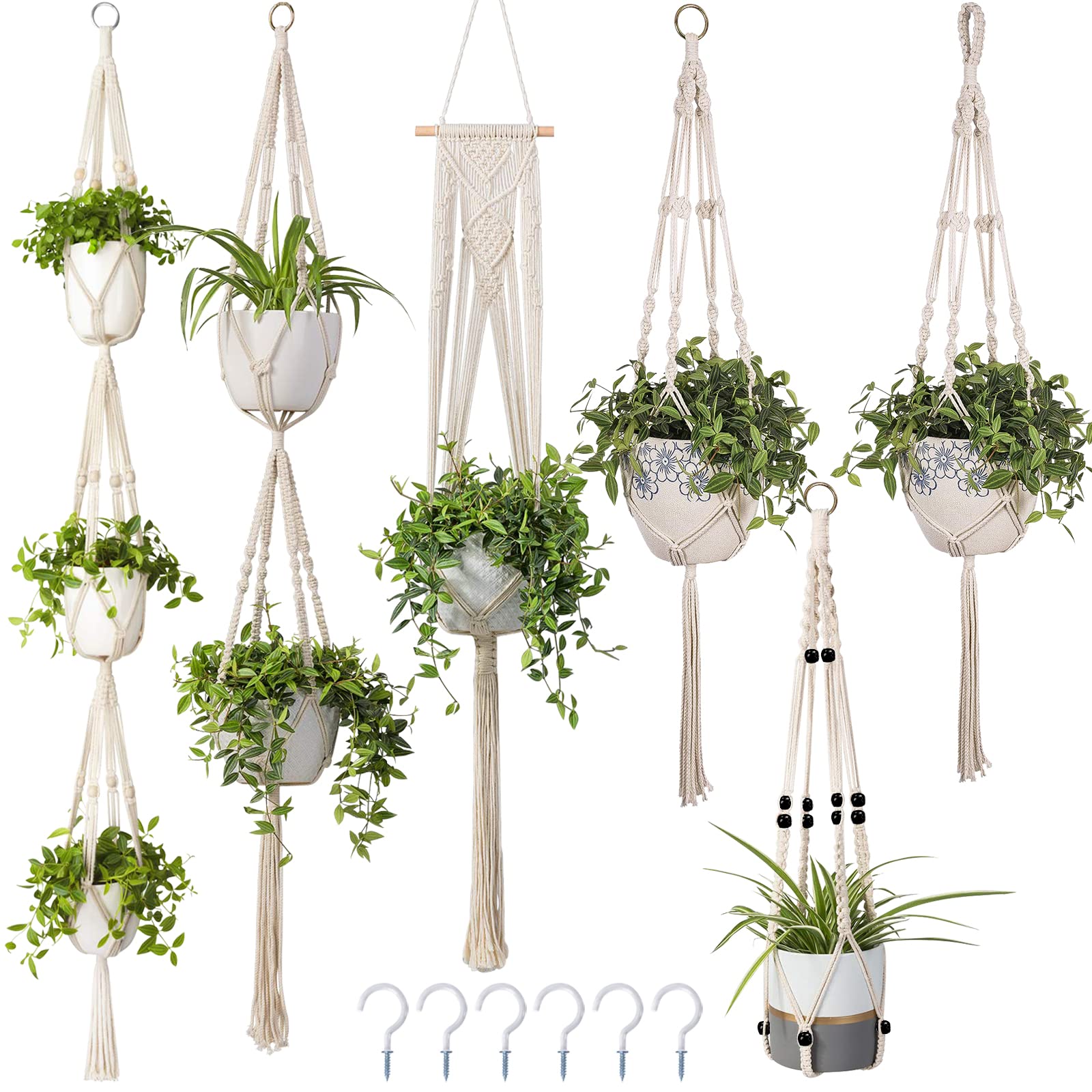 6 Pack Macrame Plant Hangers - Handmade Boho Rope Hanging Plant Holders with 6 Hooks for Indoor & Outdoor Plants - Perfect for Home Decor, Living Room, Balcony & Garden