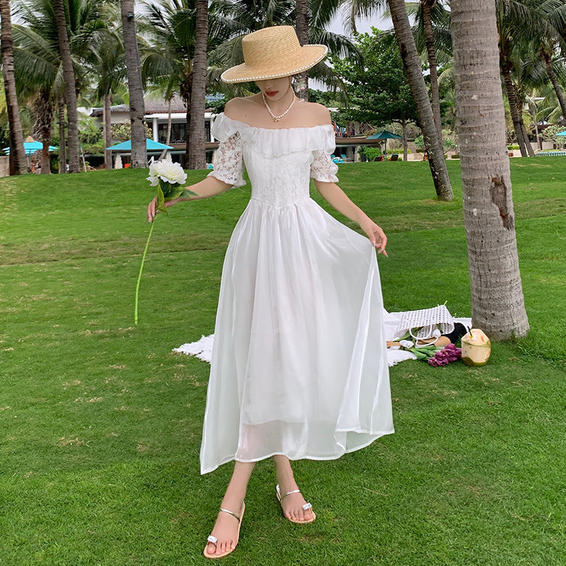 Off Shoulder White Summer Dress with Mid Sleeves & Long Skirt - Casual Boho Style for Beach, Vacation, and Outdoor Parties