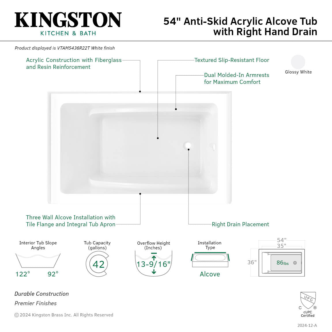 Aqua Eden 54 Inch Acrylic Rectangular 3-Wall Alcove Bathtub - Right Hand Drain, Glossy White | Perfect for Small Bathrooms & Modern Home Renovations