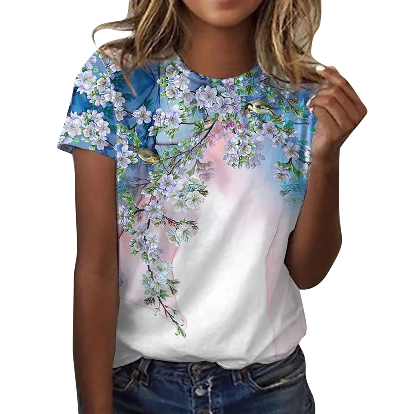 Women's Summer Tops - Short Sleeve Floral Printed Crew Neck Tee Shirt | Trendy Casual Blouse for Beach, Vacation & Everyday Wear