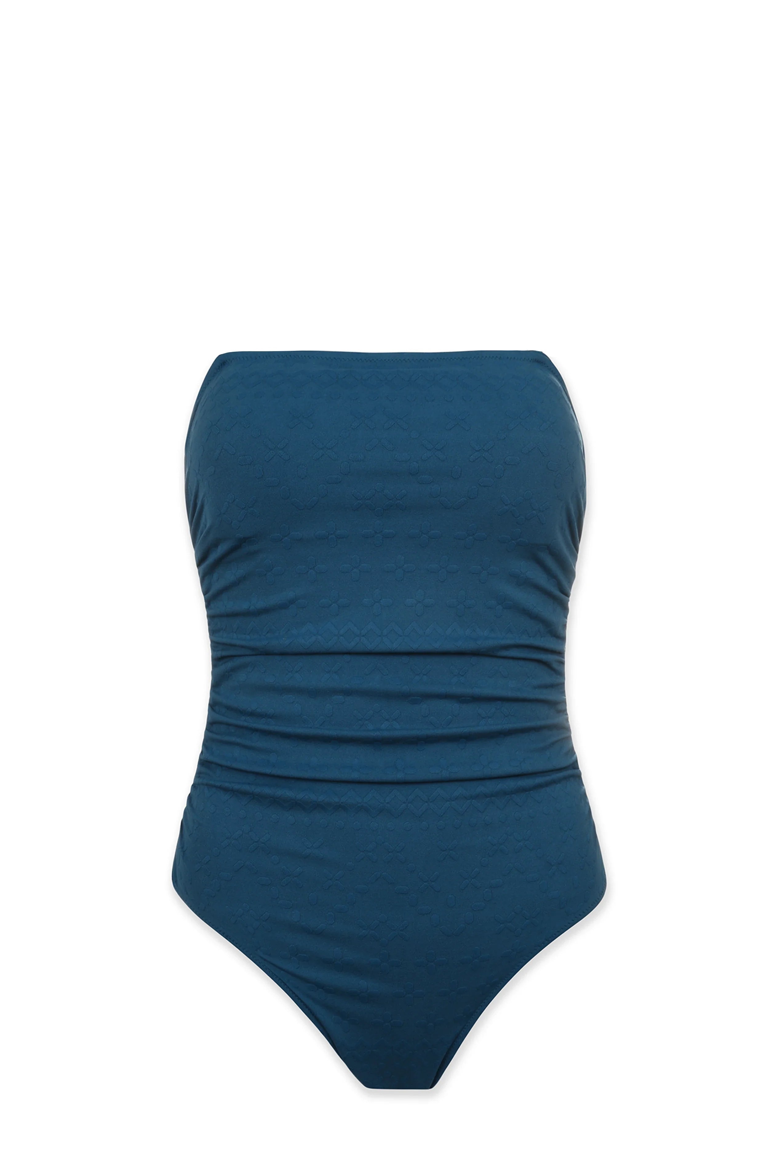 Classic Bandeau One Piece Swimsuit | Jacquard Textured Marine Blue Bathing Suit for Women - Perfect for Beach Vacations, Pool Parties & Summer Getaways