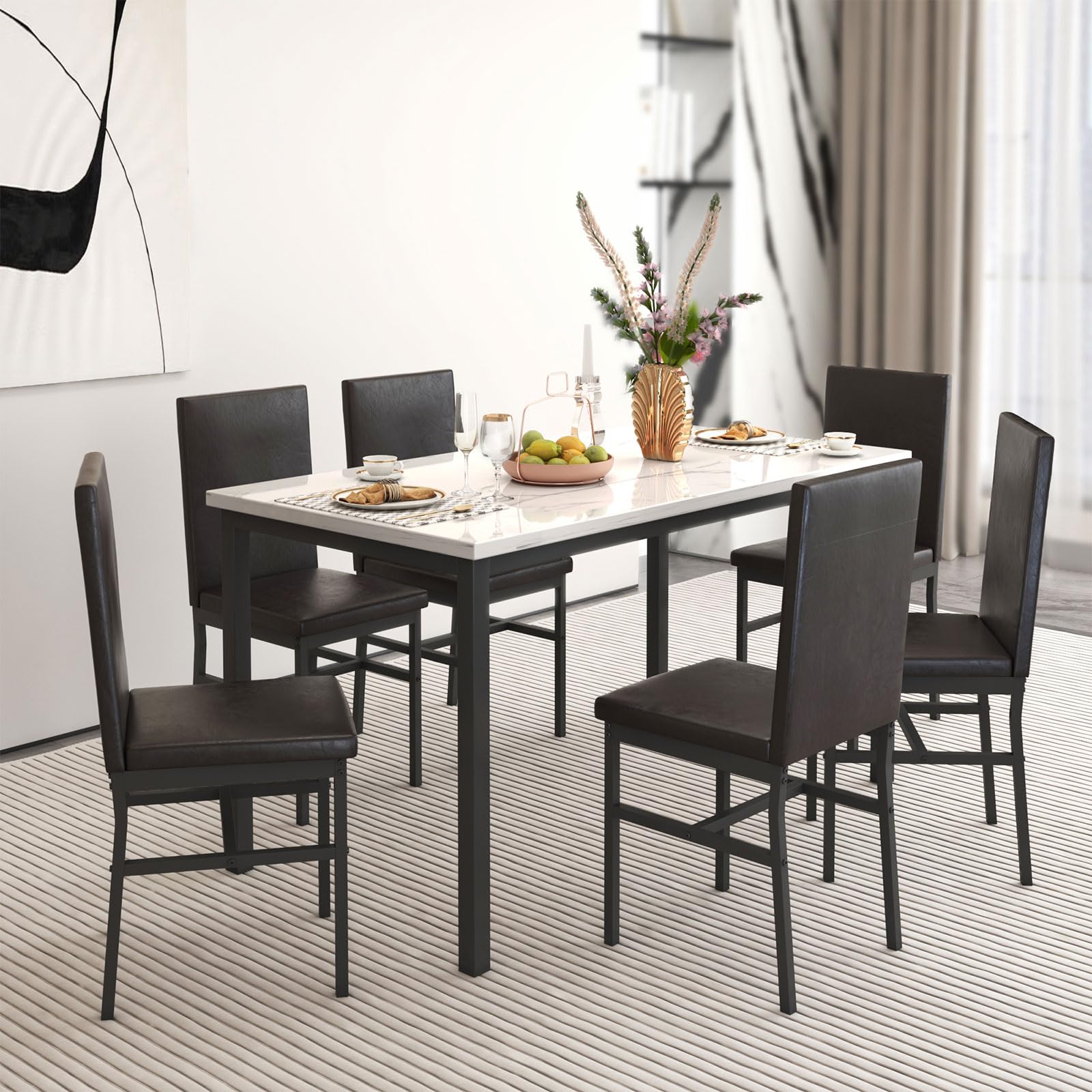 6-Piece Dining Table Set with Faux Marble Top & PU Leather Chairs - Modern Kitchen Table & Chair Set for Small Spaces, Apartments & Dining Rooms (White 1 Table + 6 Chairs) - Perfect for Family Meals, Dinner Parties & Compact Living Spaces