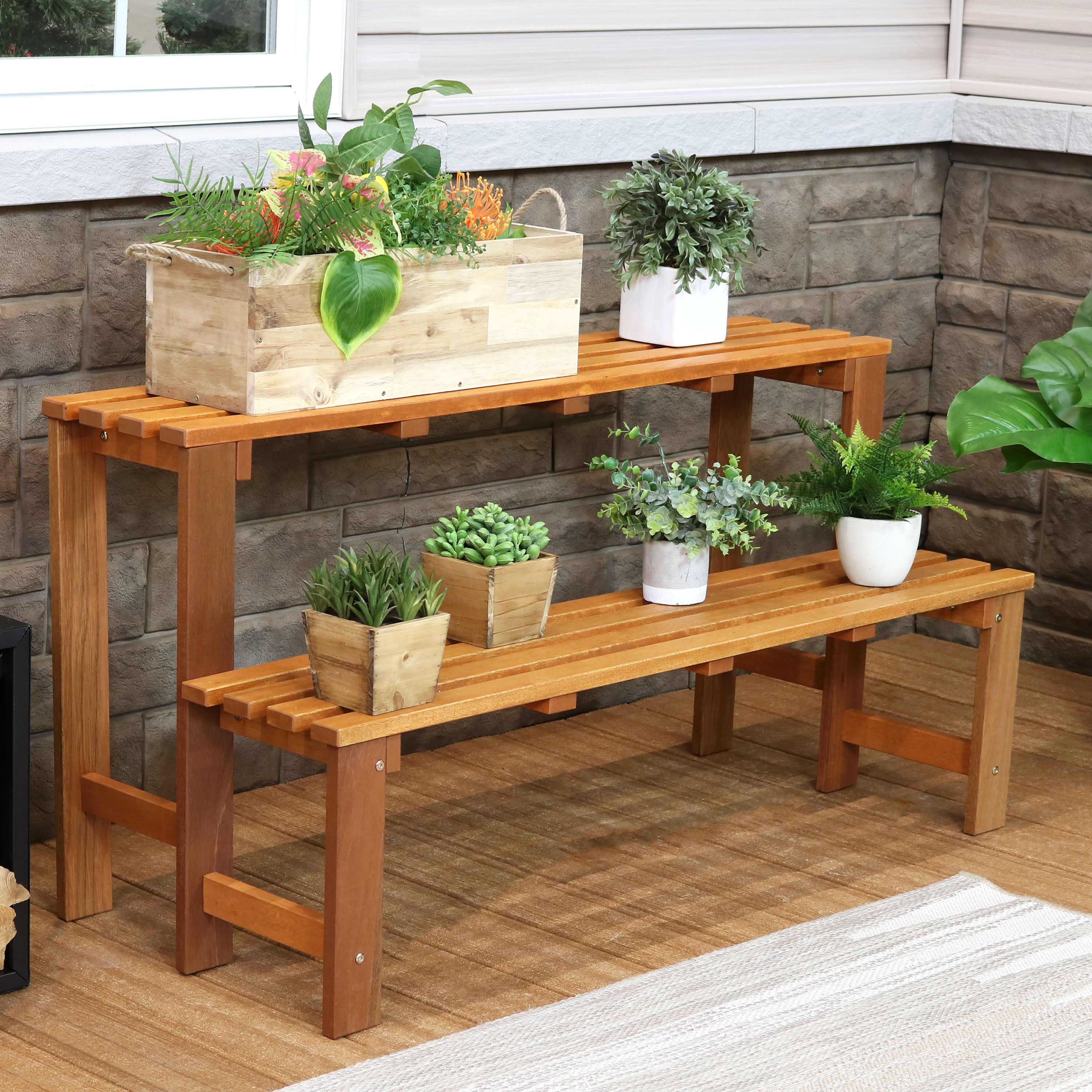 Sunnydaze 2-Tier Meranti Wood Outdoor Plant Stand with Teak Oil Finish - Perfect for Patio, Garden, and Balcony Decor