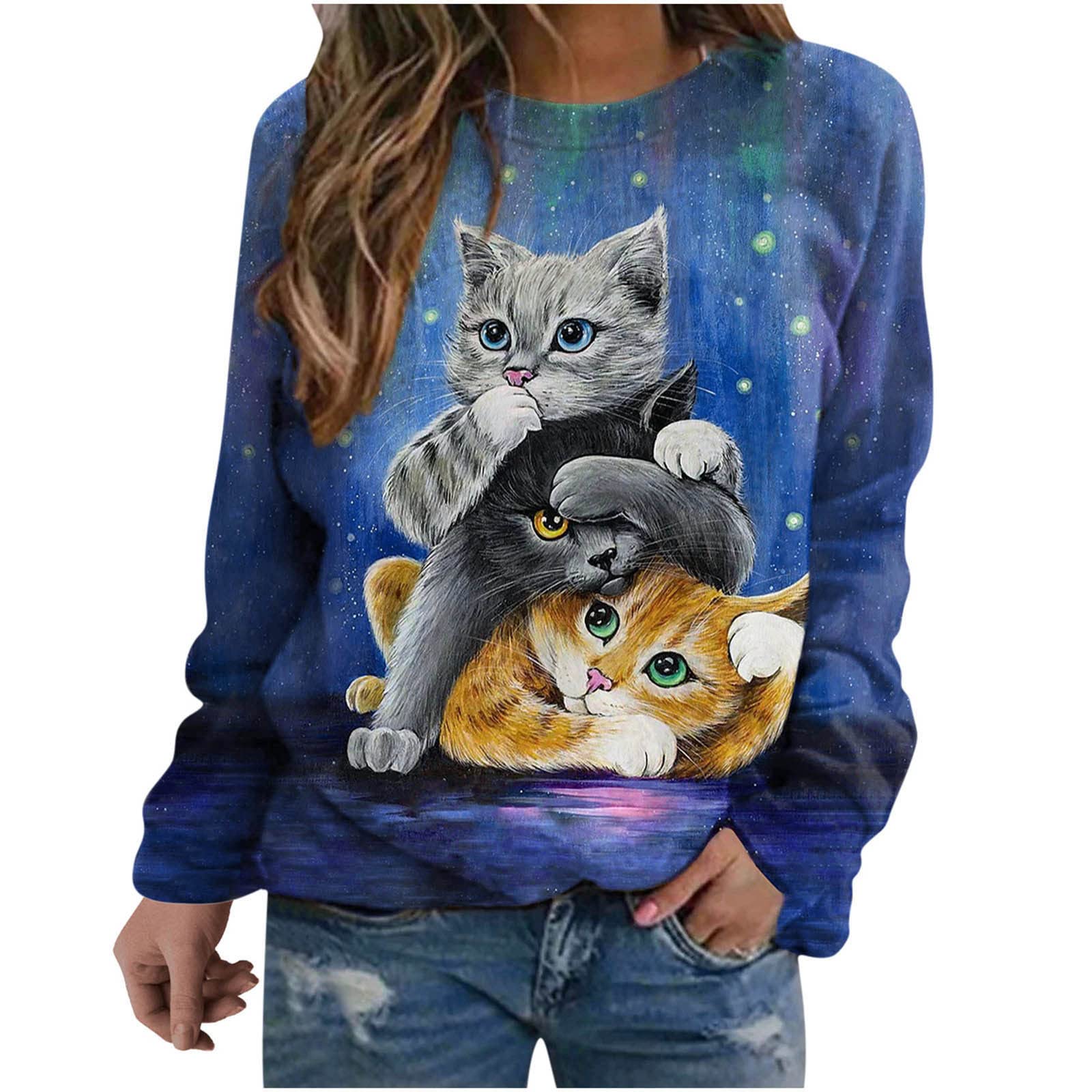 Wirziis Women's Cat Lovers T-Shirt - Long Sleeve Cute Cat Print Crewneck Blouse for Spring Fashion | Casual Loose Fit Top for Cat Enthusiasts | Perfect for Daily Wear, Outings & Cat-Themed Events