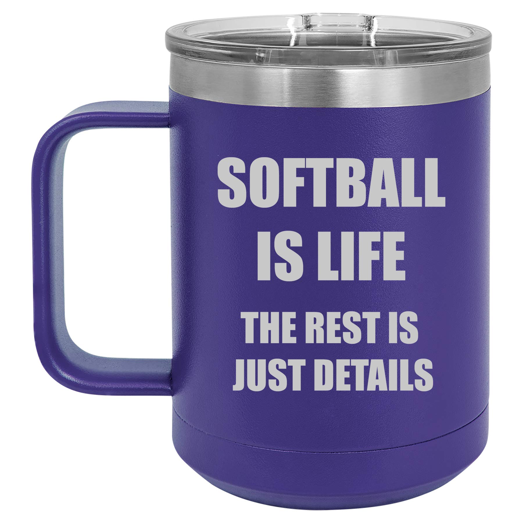 15 oz Vacuum Insulated Stainless Steel Tumbler with Handle & Lid - Softball Themed Travel Coffee Mug (Purple) - Perfect for Hot/Cold Drinks On-The-Go, Office, Sports Games & Outdoor Activities