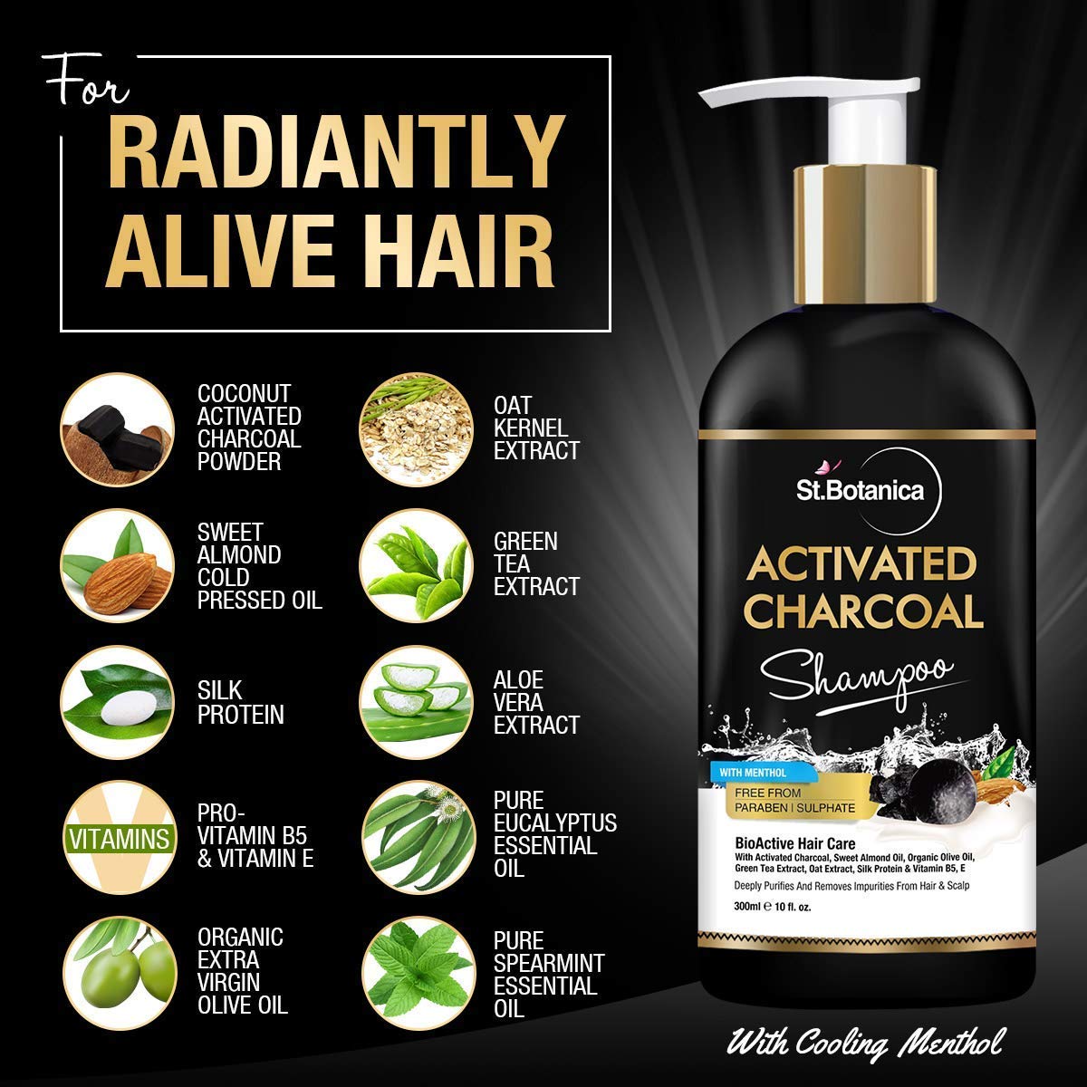 StBotanica Activated Charcoal Shampoo for Detox & Scalp Care - 300ml Sulfate-Free, Paraben-Free with Organic Olive Oil, Almond Oil & Vitamin E - Refreshing Menthol Formula with Silk Protein - Perfect for Oily Hair & Dandruff Control