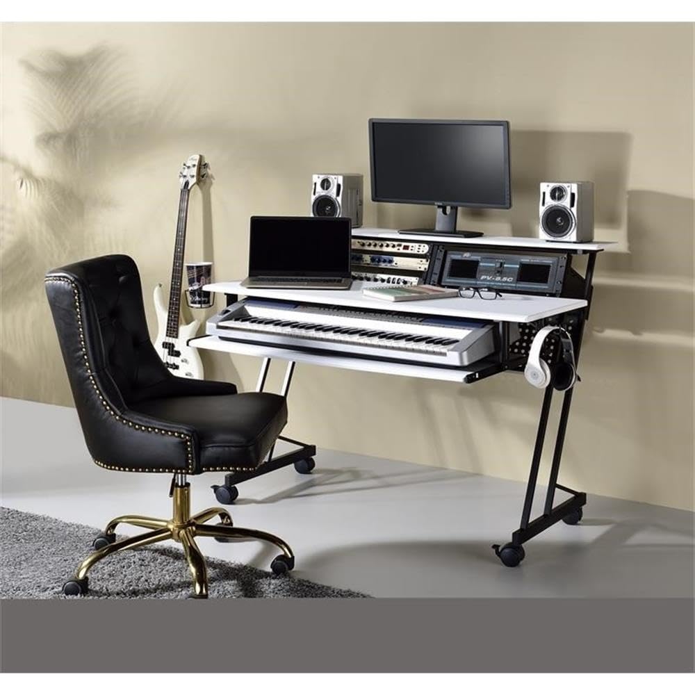 Pemberly Row Modern Wood Recording Studio Desk - White & Black Finish for Home & Professional Music Production