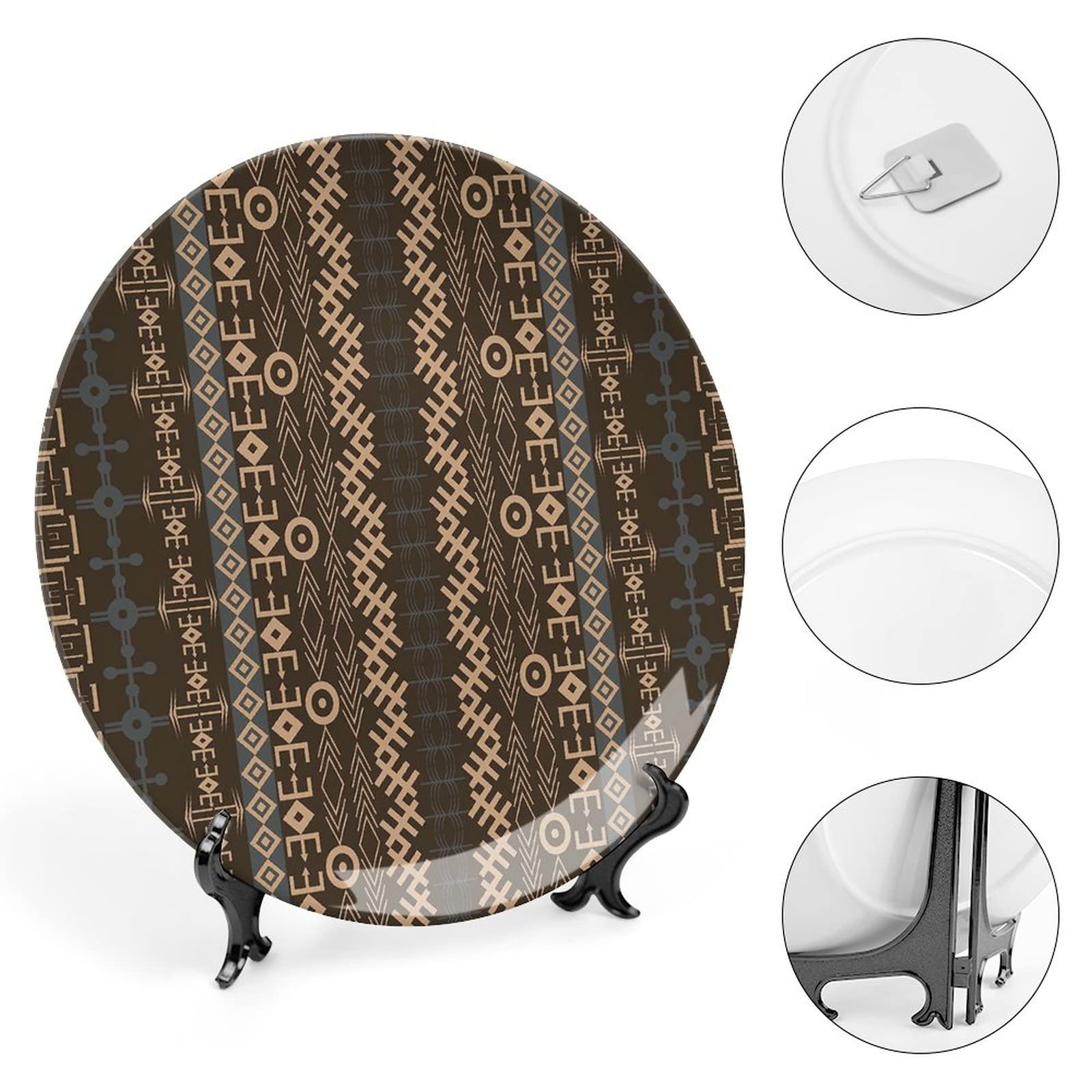6 Inch African Decorative Ceramic Plates with Traditional Geometric Arrow Stripes - Blue Grey Brown Earth Yellow for Dining, Parties & Weddings | Perfect for Ethnic Home Decor & Cultural Events