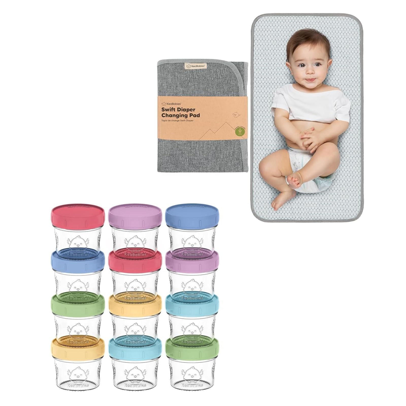 KeaBabies Portable Waterproof Foldable Diaper Changing Pad & 12-Pack 4oz Baby Food Storage Containers with Lids - Travel Changing Mat for On-the-Go Parents - Perfect for Diaper Bags, Strollers, and Baby Showers