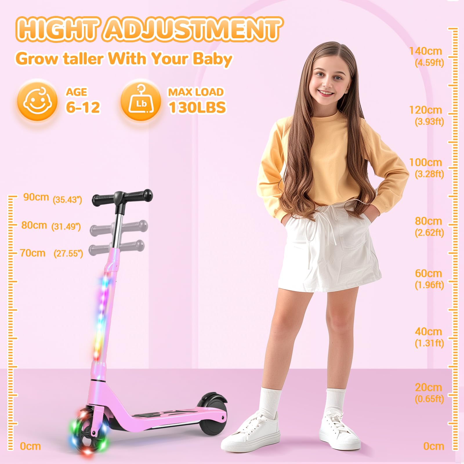 **TST Electric Scooter for Kids Ages 6-12 | Adjustable Height, LED Light-Up Wheels & Deck Lights | Max 5 Miles & 5 MPH | Perfect for Commuting, Outdoor Play & Neighborhood Rides**