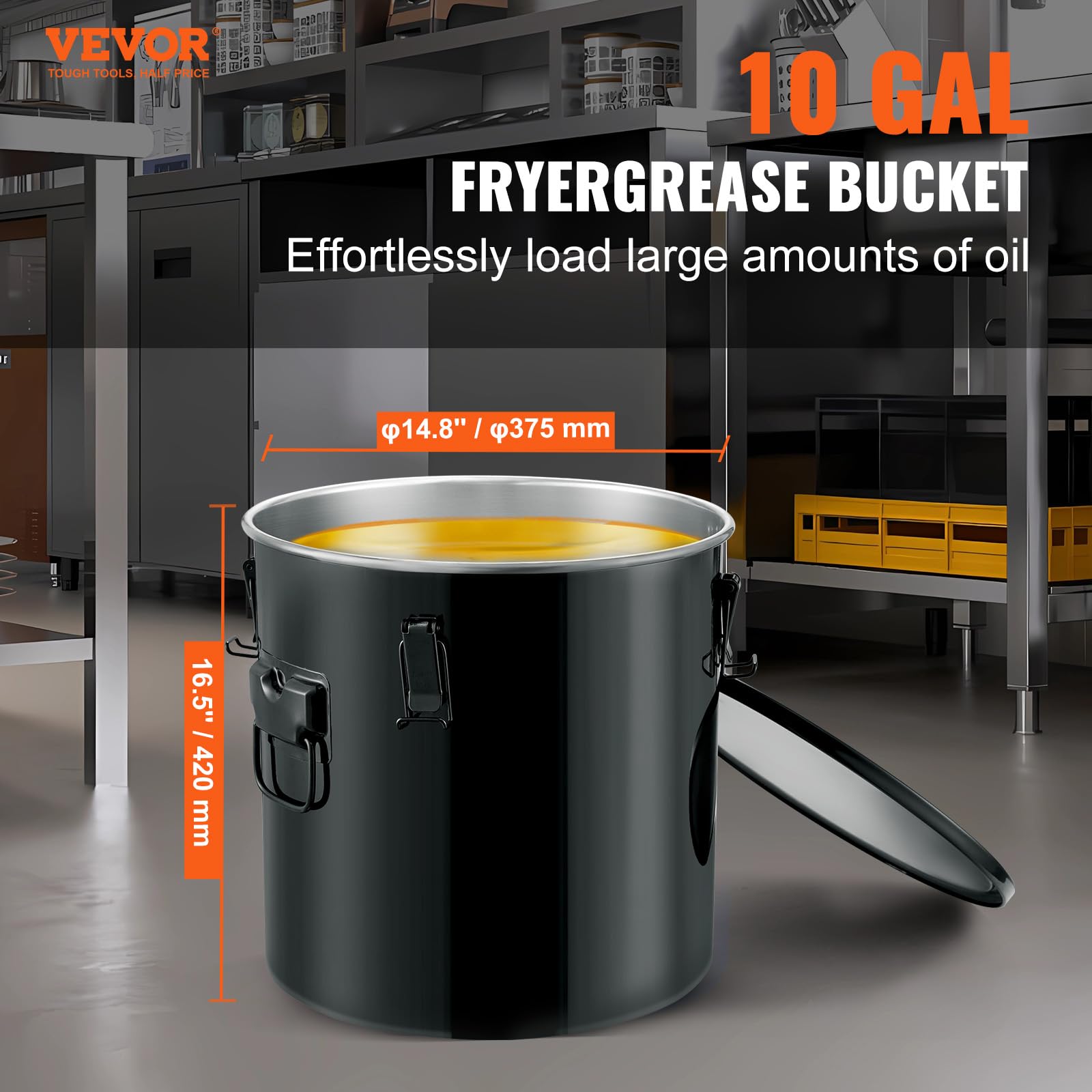 VEVOR 10 Gallon Stainless Steel Fryer Grease Bucket with Lid - Oil Disposal Caddy for Hot Cooking Oil Filtering, Rust-Proof Coating, Lock Clips & Filter Bag - Perfect for Restaurants, Food Trucks & Home Kitchens