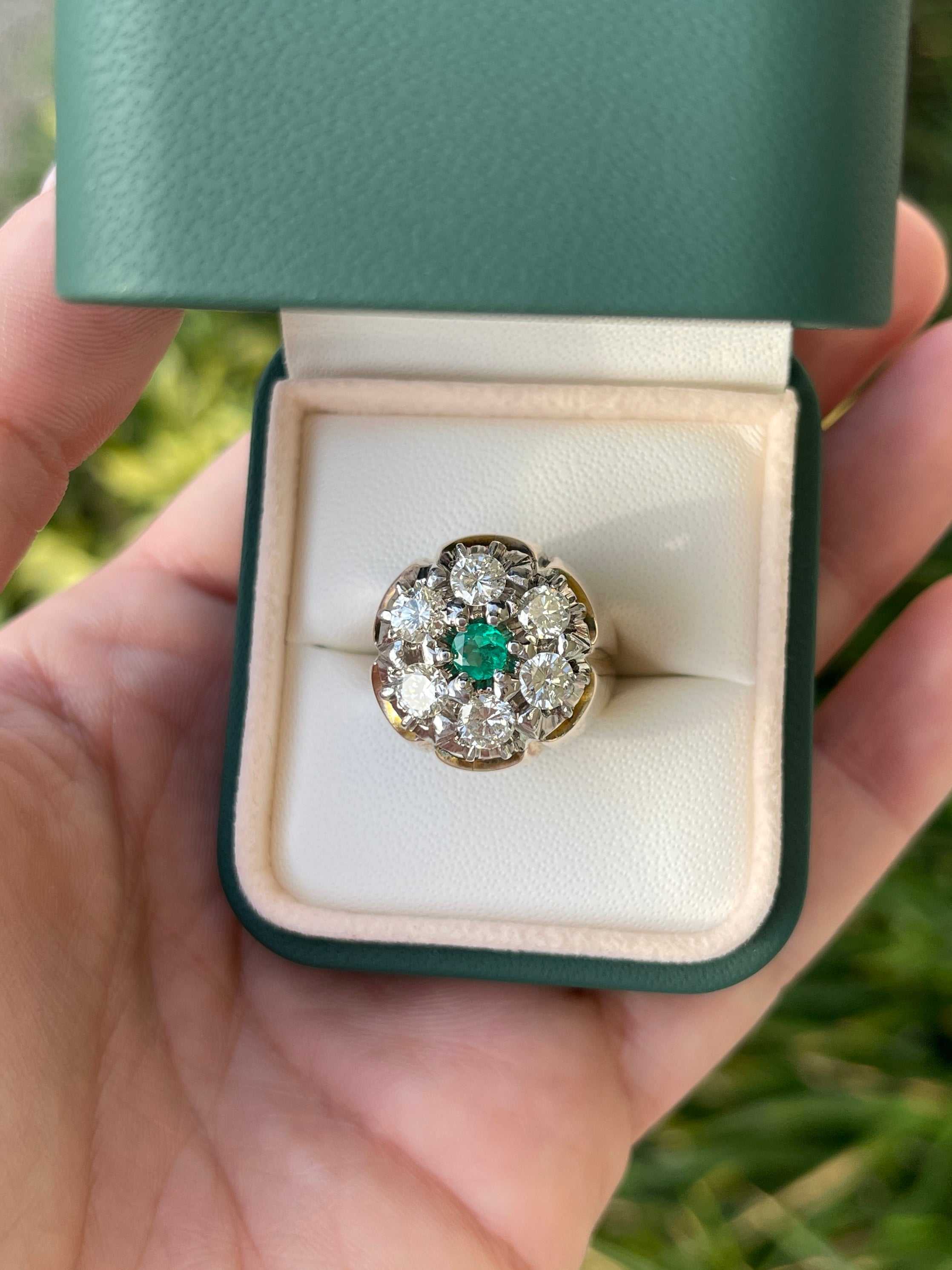 2.28tcw 19.3mm Wide 14K Gold Men's Diamond & Emerald Halo Cluster Ring for Wedding, Engagement, Anniversary & Special Occasions