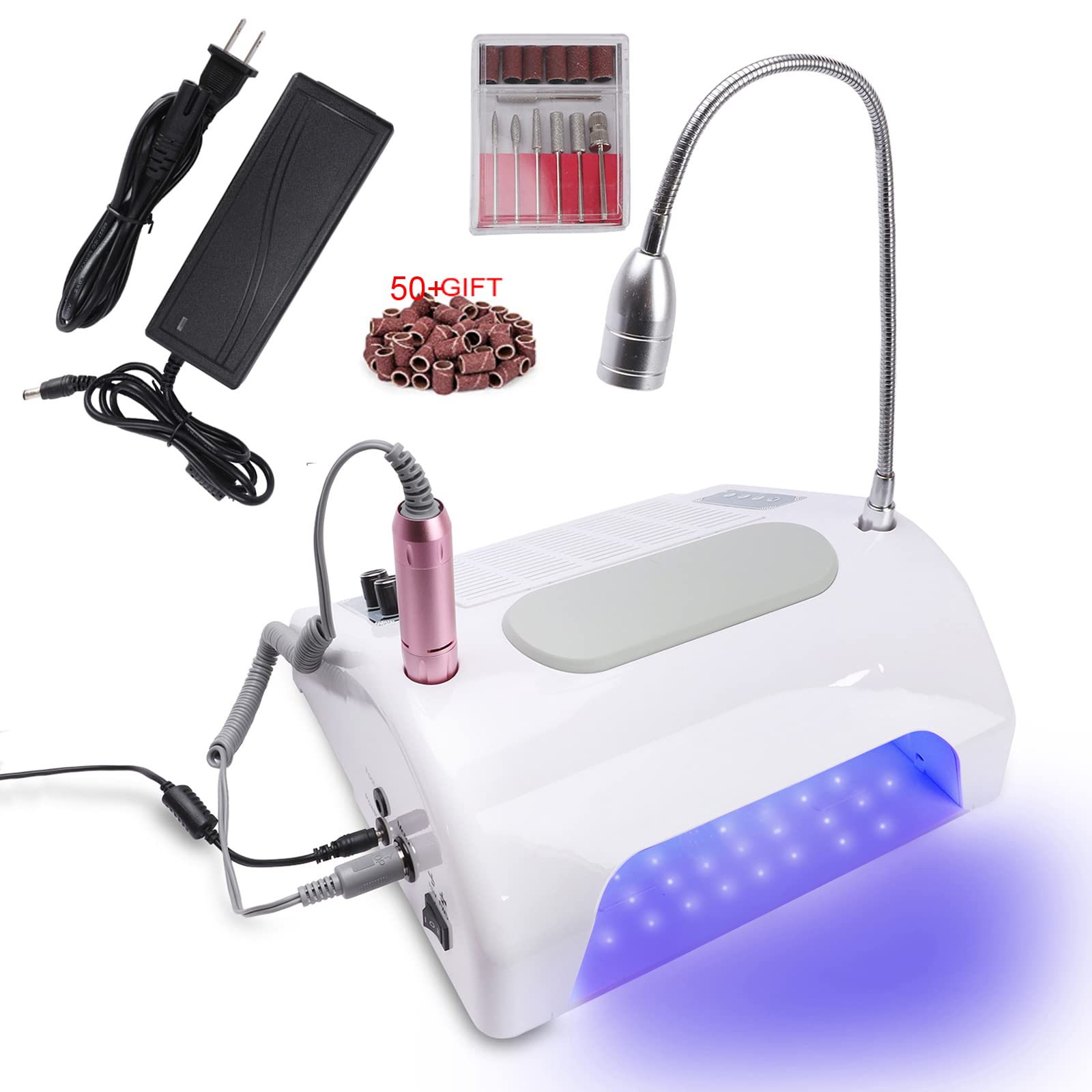 Professional 40W Nail Dust Collector Vacuum with 30000RPM Drill & UV LED Lamp - Complete Nail Art Machine Kit for Acrylic, Gel & Manicures - Includes Bits, Sanding Bands, Table Light & Hand Cushion - Perfect for Salon, Home & Professional Nail Technicians