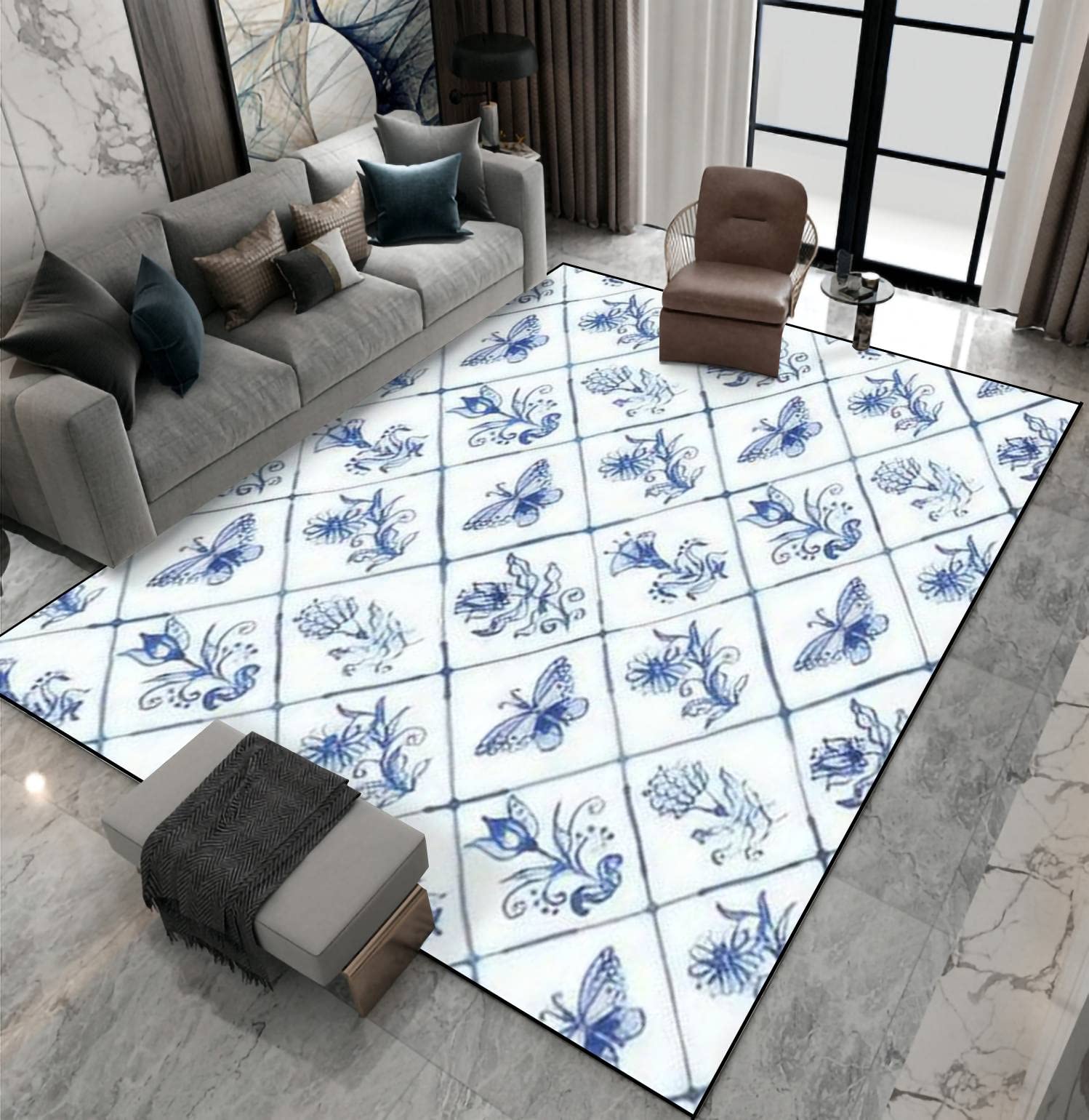 Non-Slip Blue Vintage Dutch Style Area Rug - Handmade Rustic Motifs Indoor/Outdoor Carpet for Living Room, Bedroom, Kids Room, Patio, Yoga & Entryway - Perfect Home Decor Floor Mat for Cozy Spaces