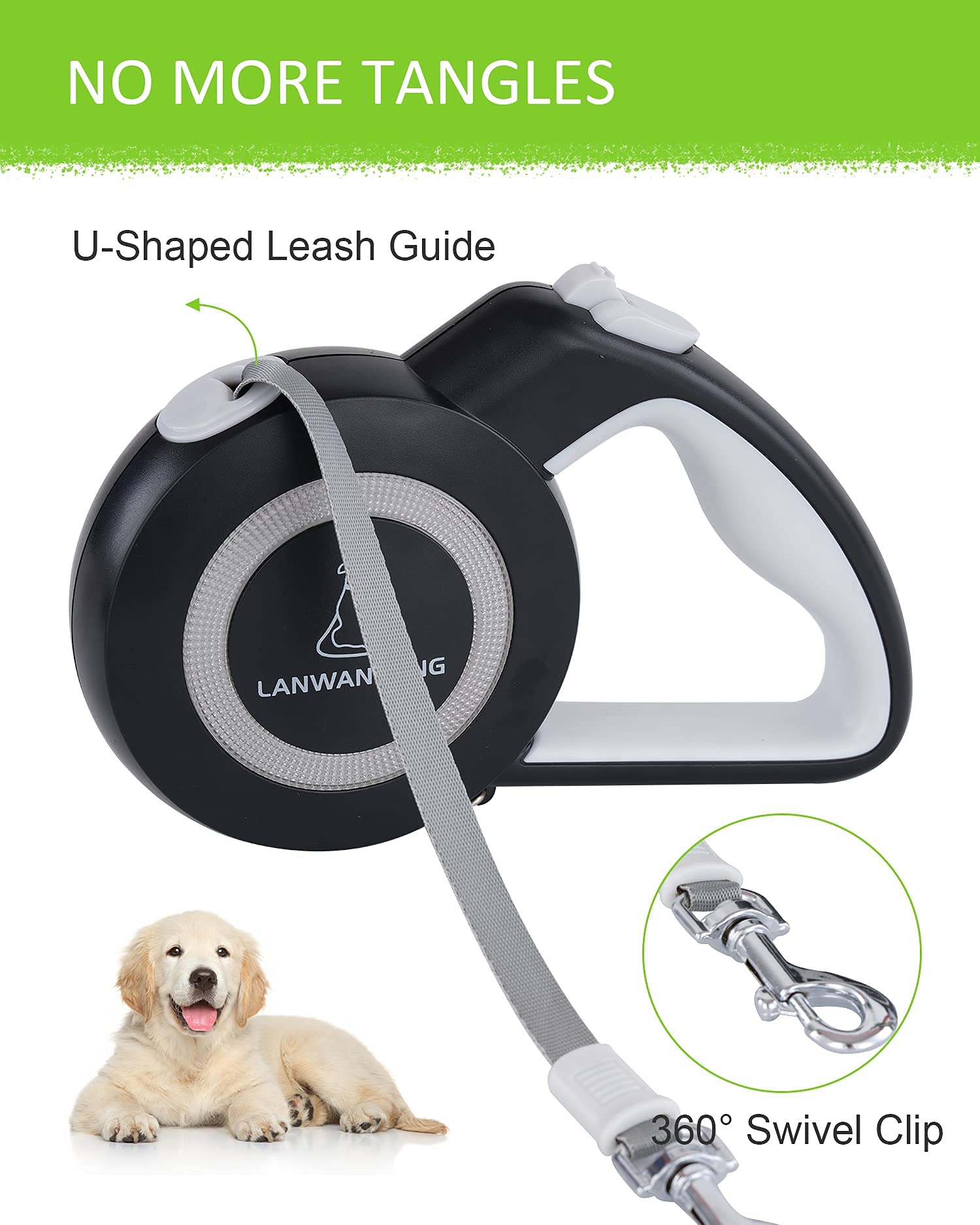 Chew Proof Retractable Dog Leash - 16FT Heavy Duty No Tangle Dual Wire Rope Leash for Small Medium Large Dogs - 360° Tangle-Free Design for Walking, Running, Hiking & Outdoor Adventures (Gray)