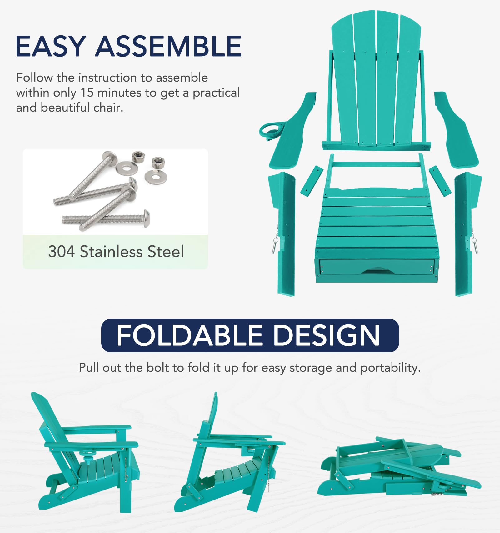 Foldable Adirondack Chair with Adjustable Footrest – Weather-Resistant Outdoor Plastic Patio Chair with Removable Ottoman, Stackable Design & Cup Holder – Perfect for Backyard, Poolside & Garden Relaxation (21.6
