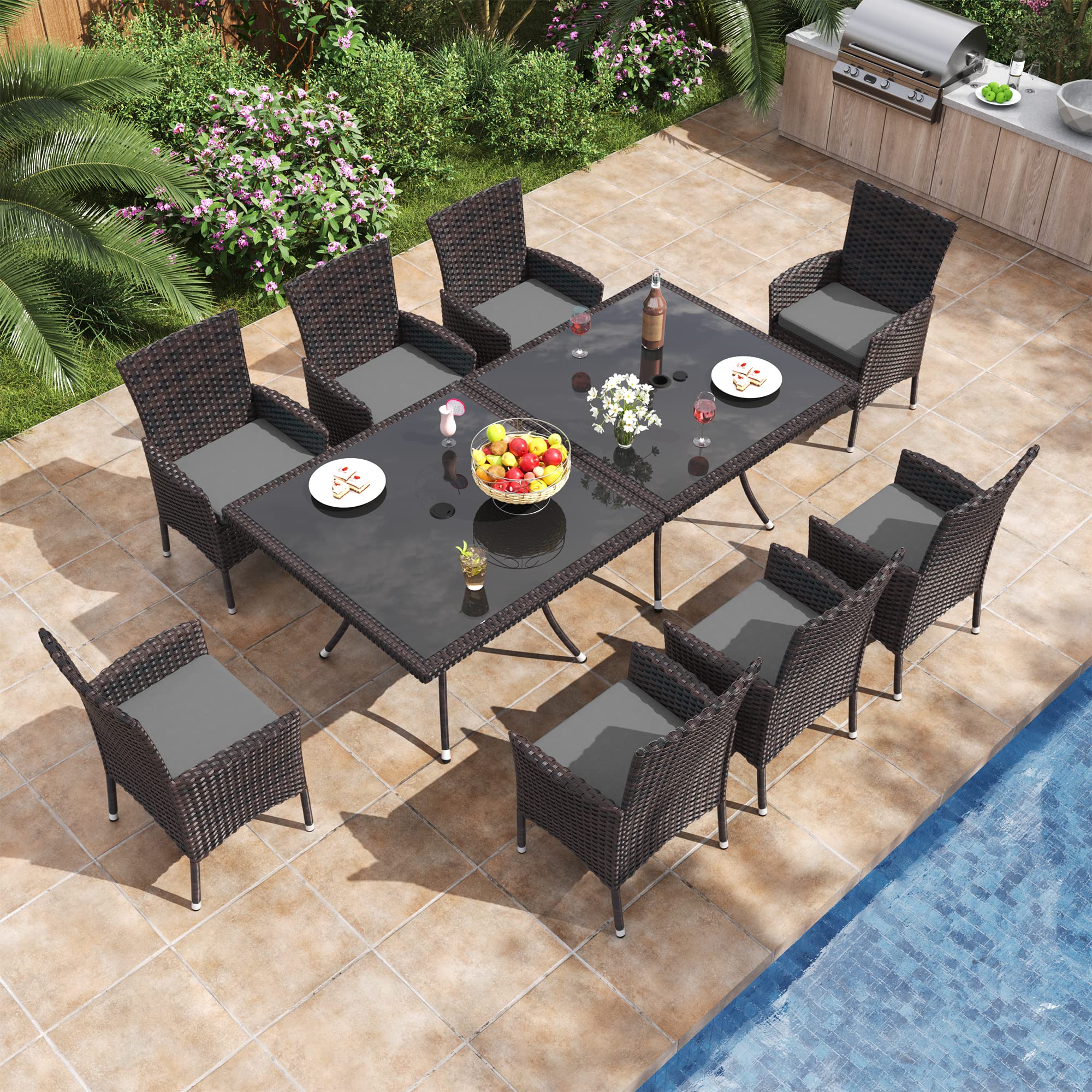 10-Piece All-Weather Wicker Patio Dining Set with Tempered Glass Tabletop & Removable Cushions - Outdoor Furniture for Backyard, Garden, Poolside - Includes Umbrella Hole (Grey) | Perfect for Outdoor Entertaining, Family Gatherings & Relaxing in Your Garden