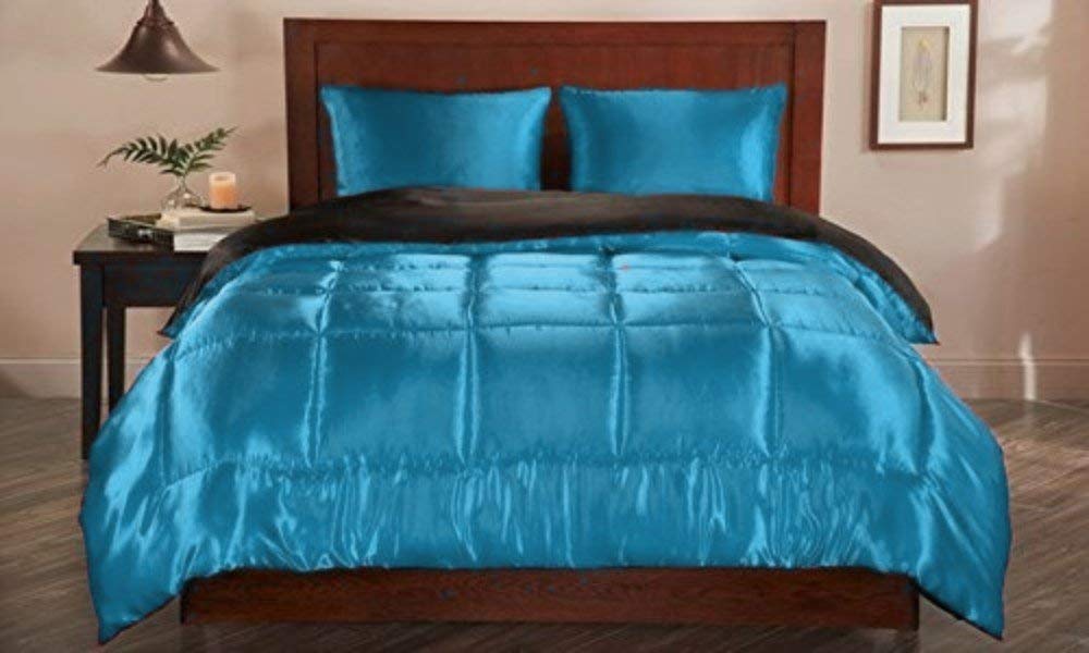 Luxury 5-Piece Satin Silk Comforter Set - King/Emperor Size Navy Blue Bedding (1 Comforter + 4 Pillowcases) | Reversible Design for All-Season Comfort | Perfect for Master Bedroom, Guest Room & Hotel Decor