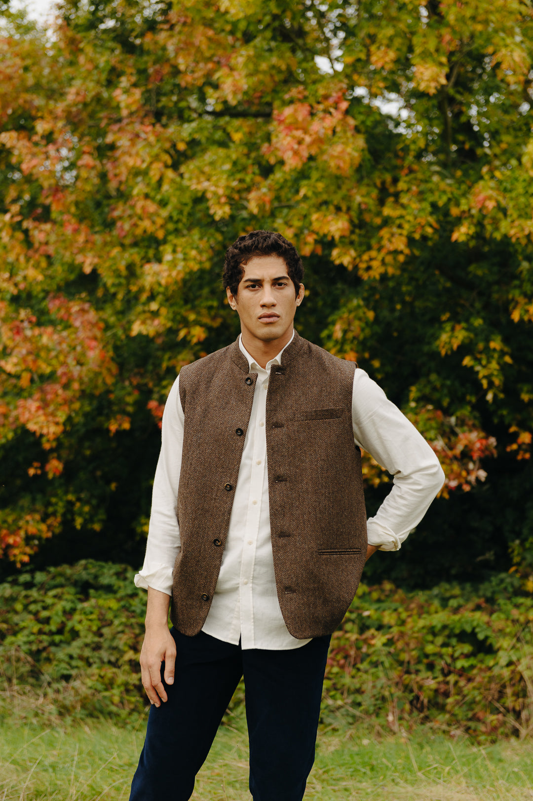 Premium Walnut Herringbone Nehru Waistcoat for Men - Stylish Formal Vest for Weddings, Business & Special Occasions
