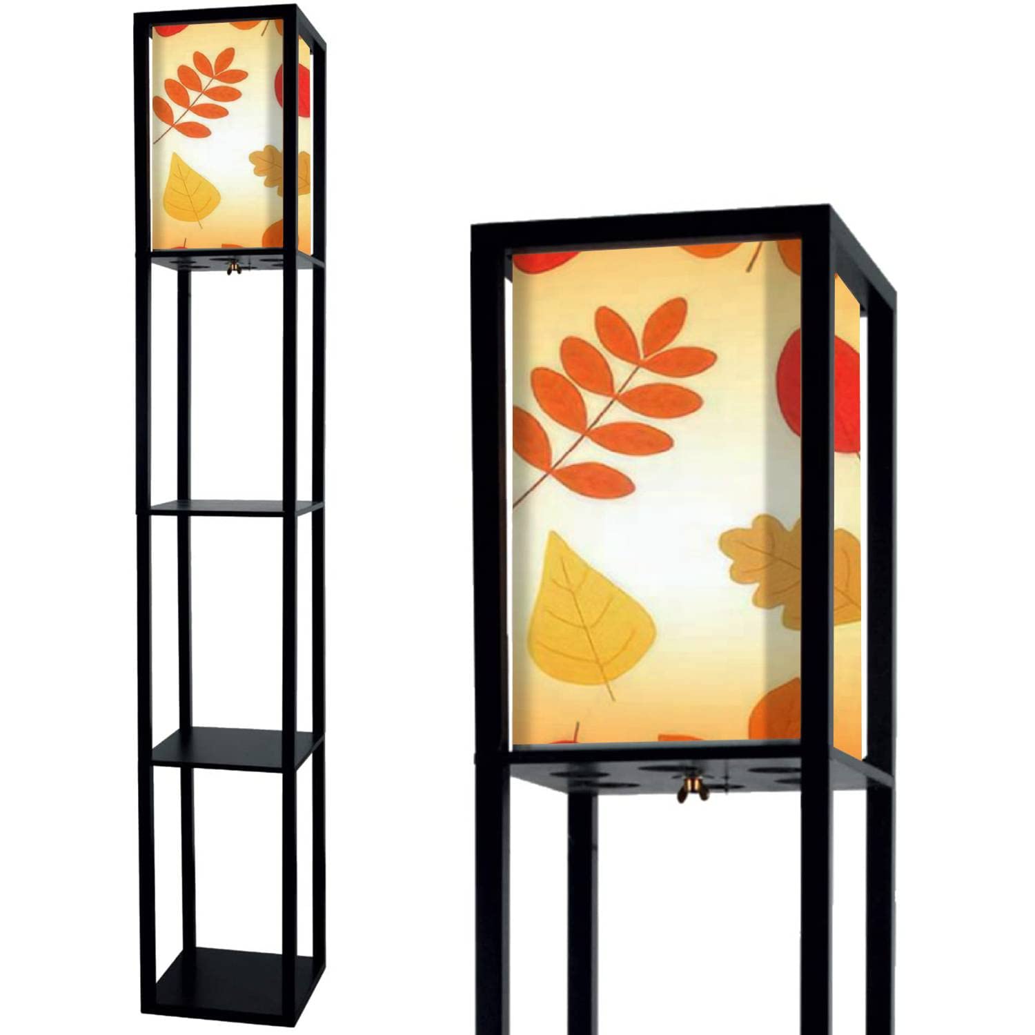 Autumn Leaves Standing Floor Lamp with Shelves & Flaxen Fabric Shade - Tall Corner Lamp for Living Room, Bedroom | Aesthetic Home Decor, Reading Light & Cozy Ambience Lighting