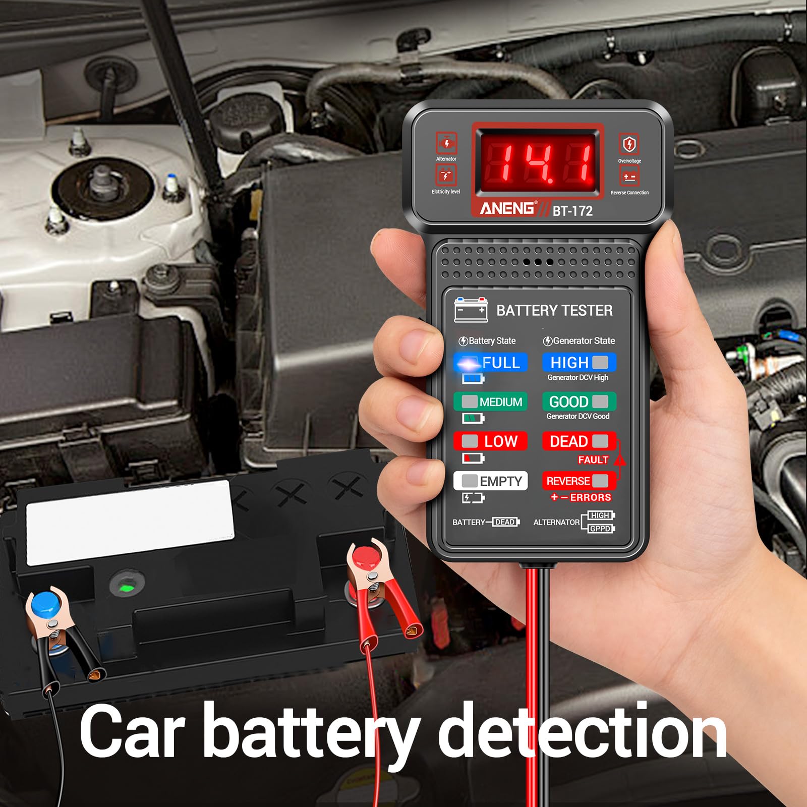 ANENG 12V Digital Car Battery Tester - Automotive Alternator Charging Analyzer & Voltmeter with LCD Display, LED Indicators for Cars, Trucks, Motorcycles - Perfect for DIY Auto Repair, Roadside Emergencies & Vehicle Maintenance